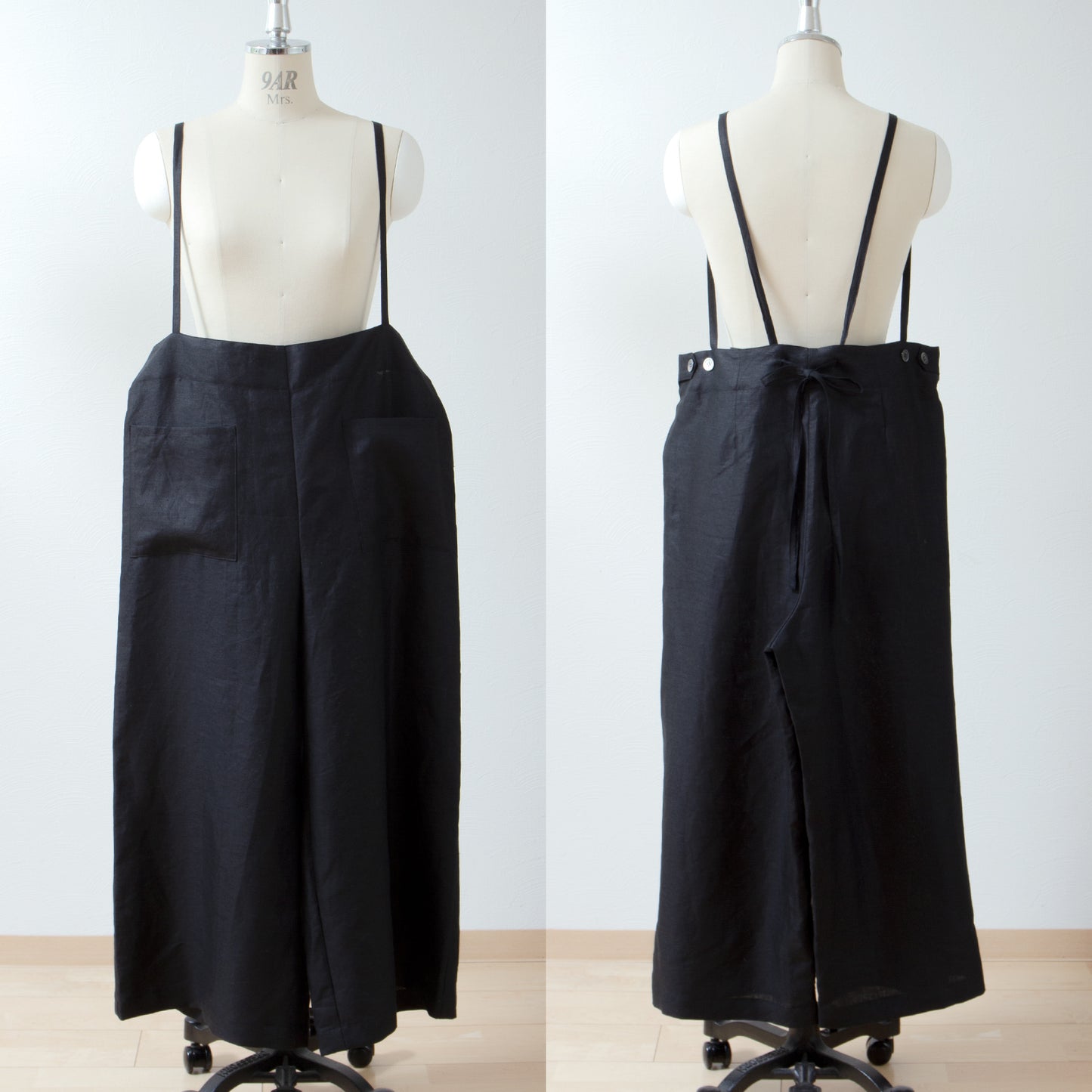 吊帶寬亞麻褲/黑色