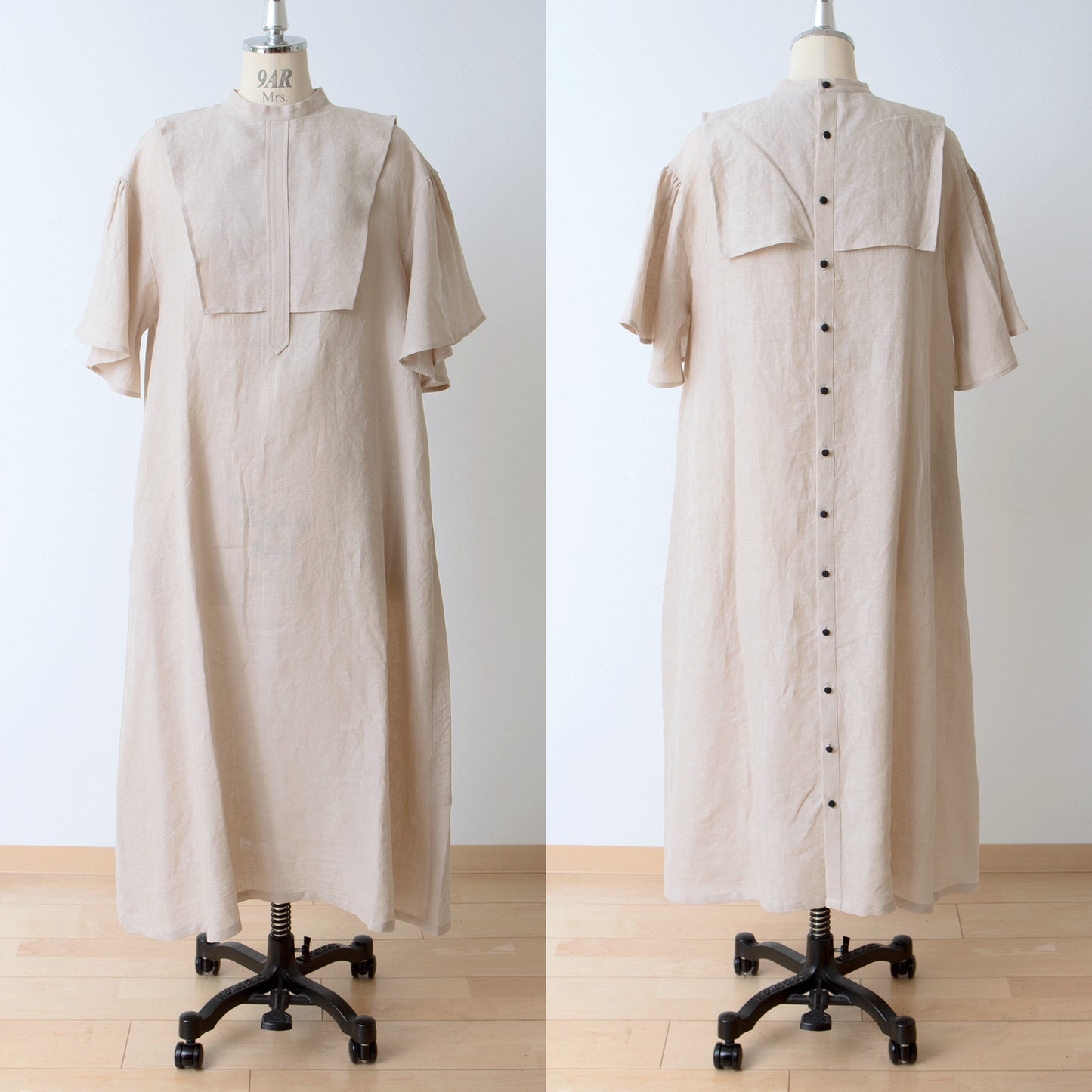 Yoke layer flare half sleeve linen dress / beige