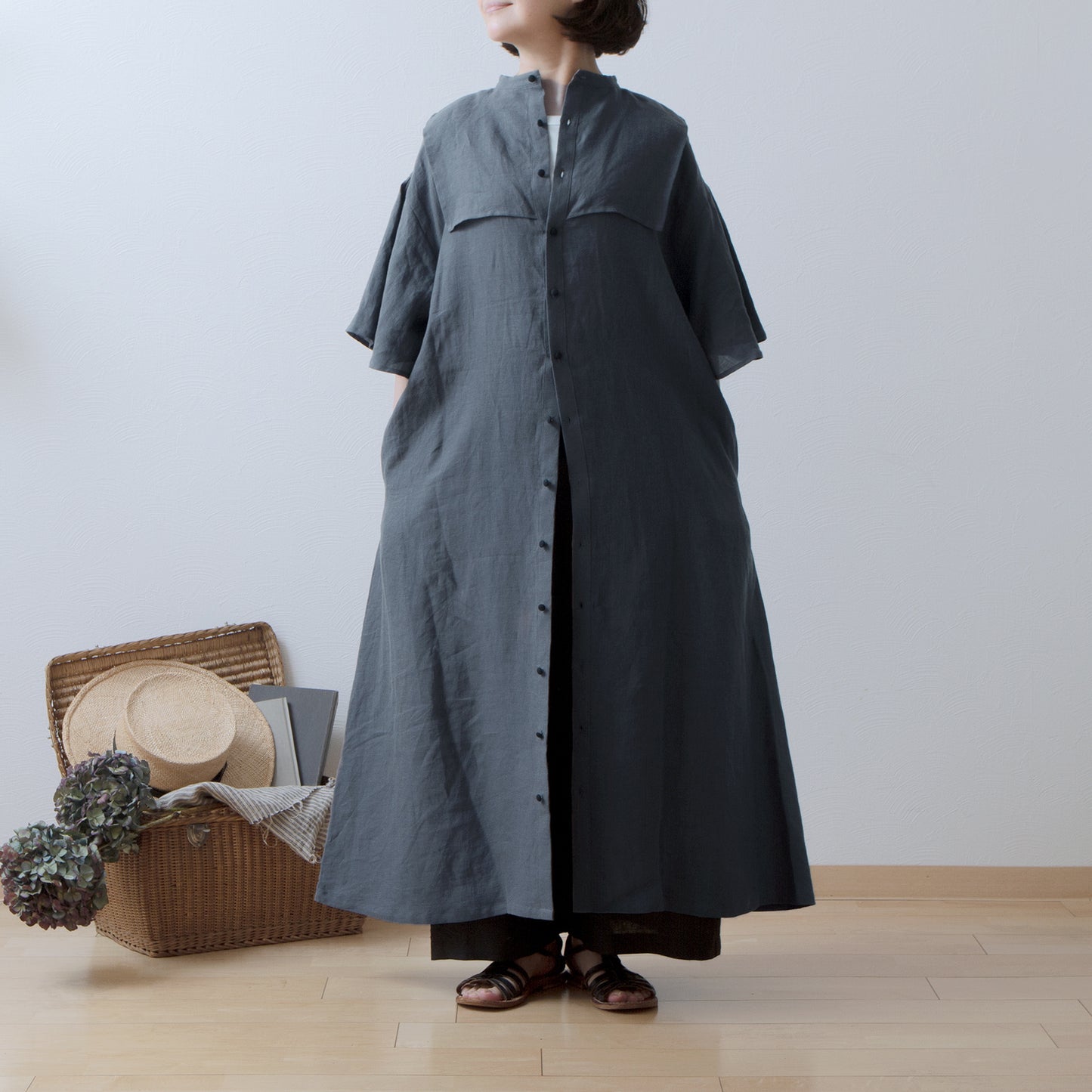 Yoke Layer Flare Half Sleeve Linen Dress/Gray