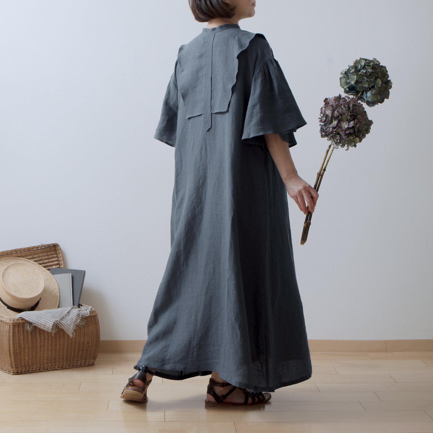 Yoke Layer Flare Half Sleeve Linen Dress/Gray