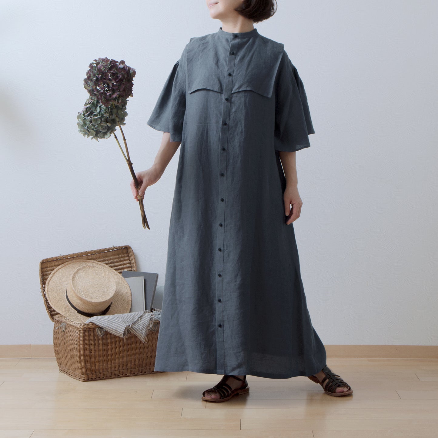 Yoke Layer Flare Half Sleeve Linen Dress/Gray