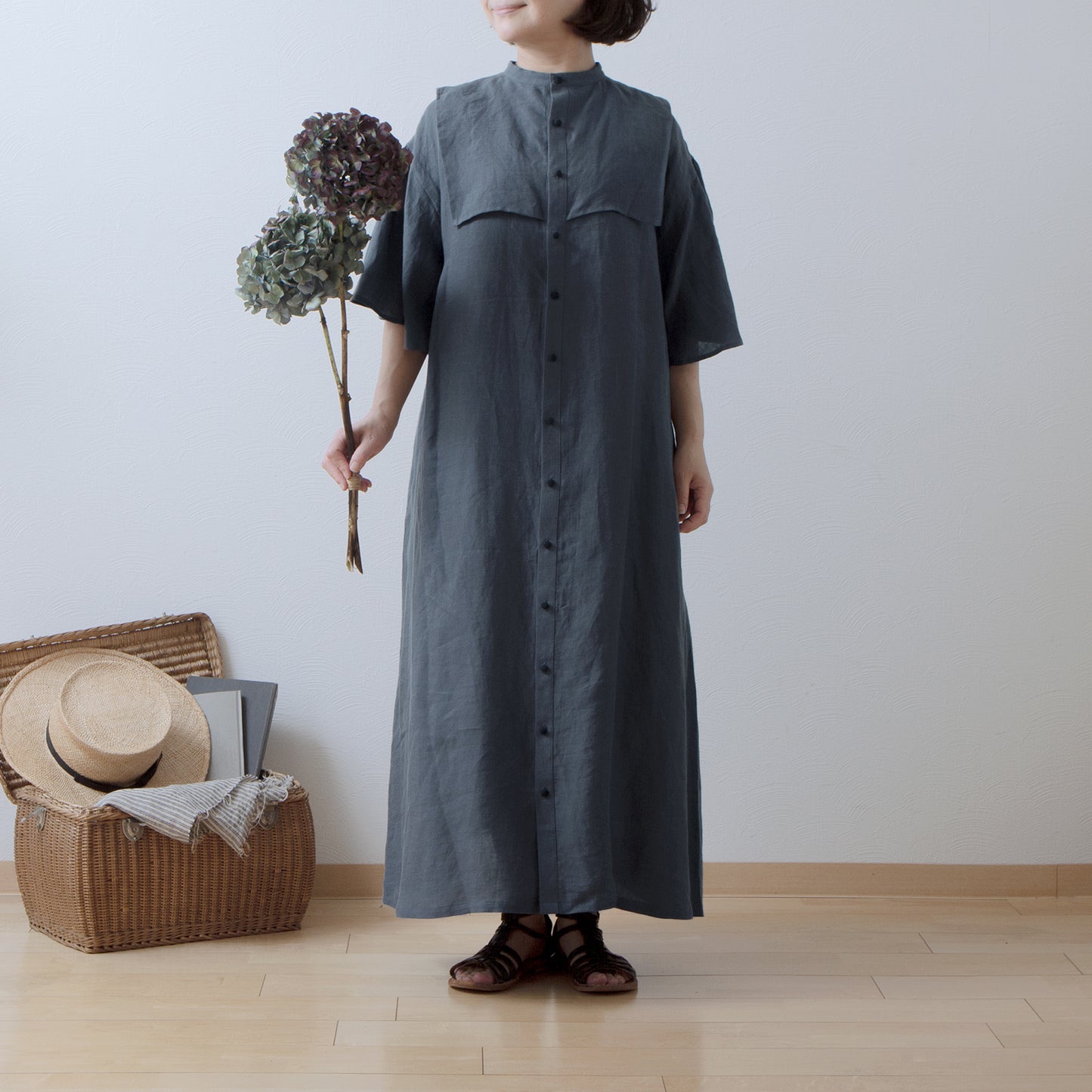 Yoke Layer Flare Half Sleeve Linen Dress/Gray