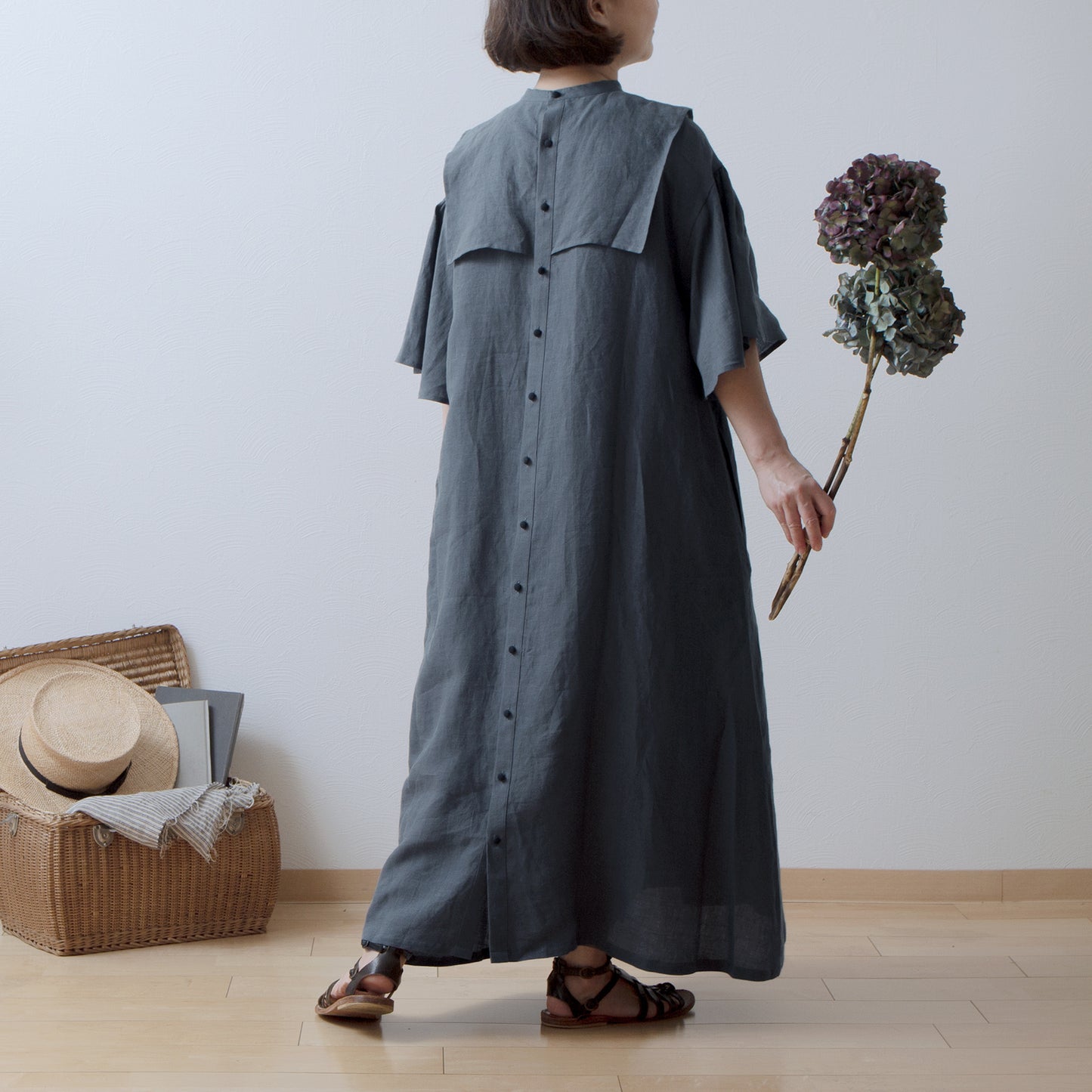Yoke Layer Flare Half Sleeve Linen Dress/Gray