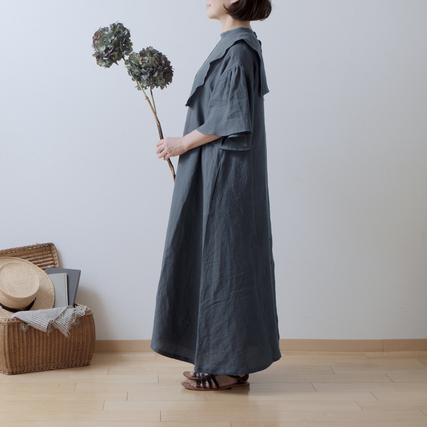 Yoke Layer Flare Half Sleeve Linen Dress/Gray