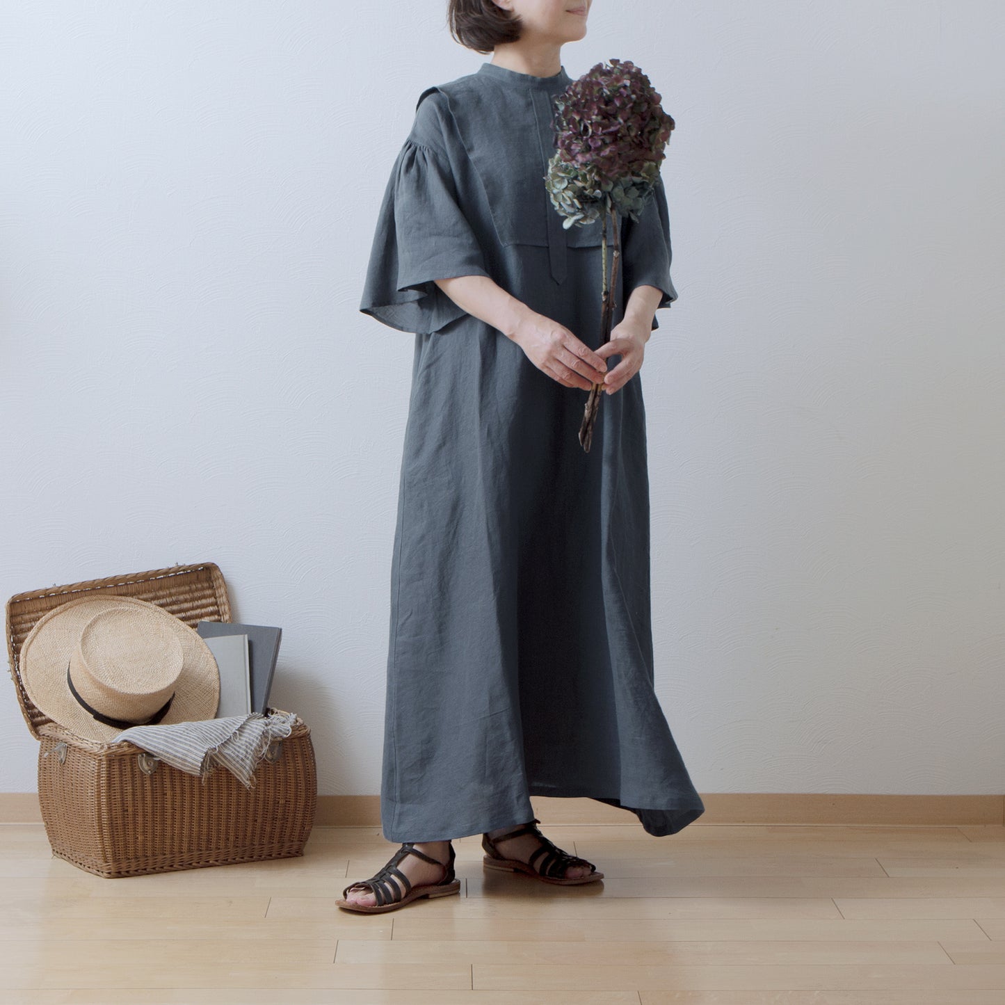 Yoke Layer Flare Half Sleeve Linen Dress/Gray