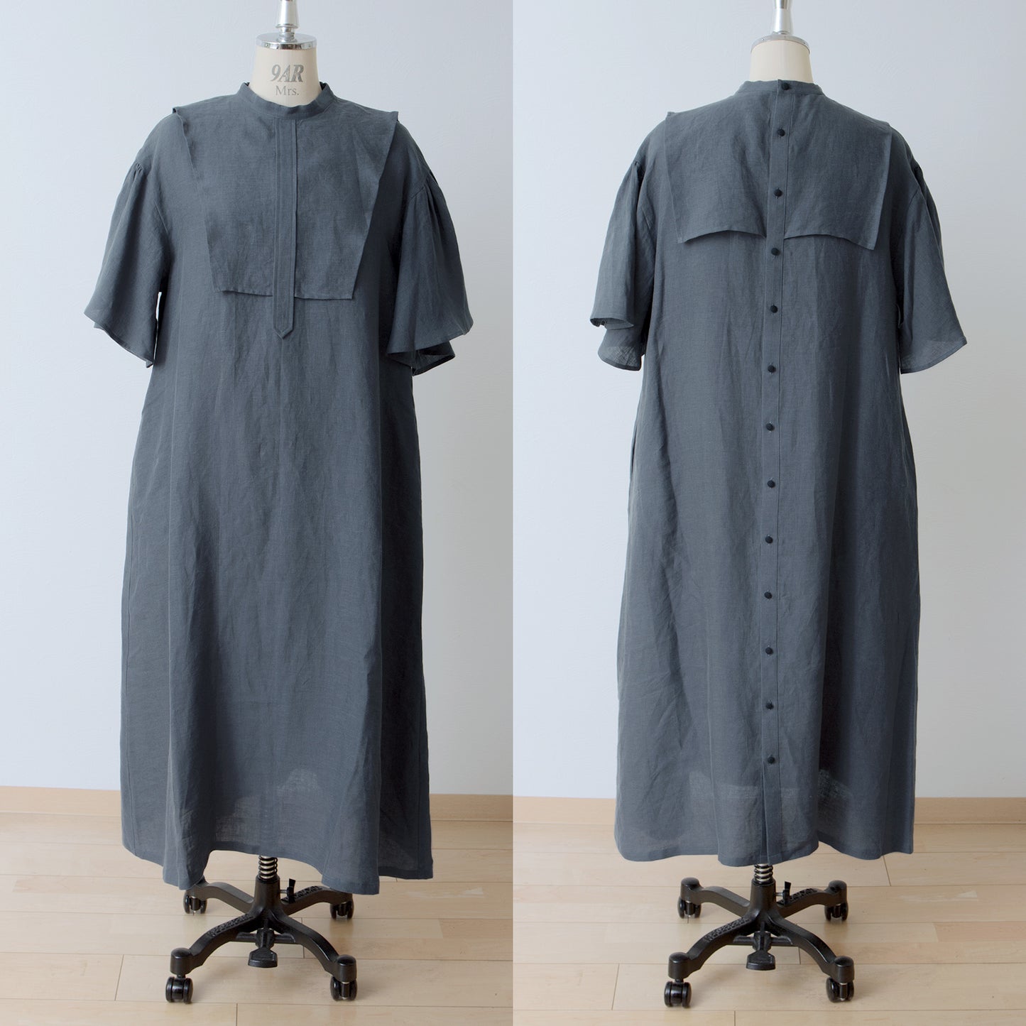 Yoke Layer Flare Half Sleeve Linen Dress/Gray