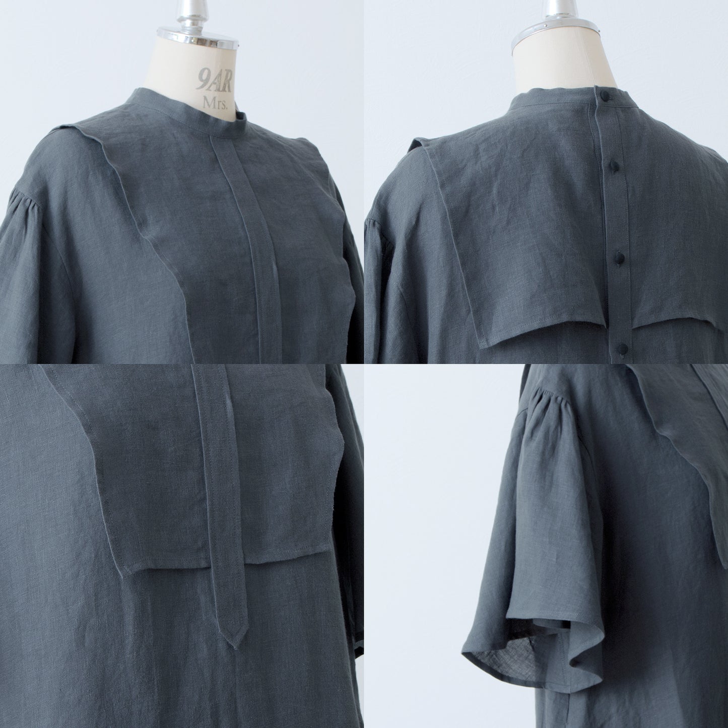 Yoke Layer Flare Half Sleeve Linen Dress/Gray