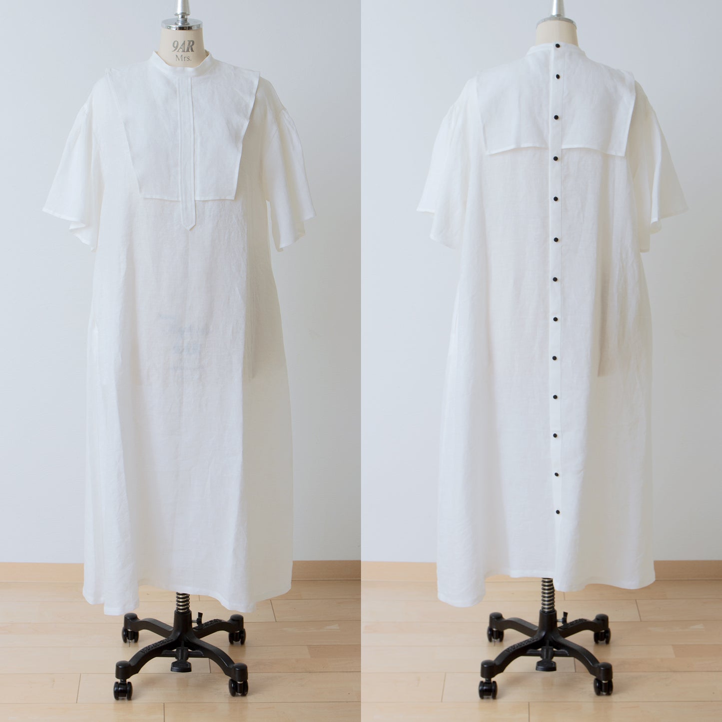 Yoke Layer Flare Half Sleeve Linen Dress/Off White