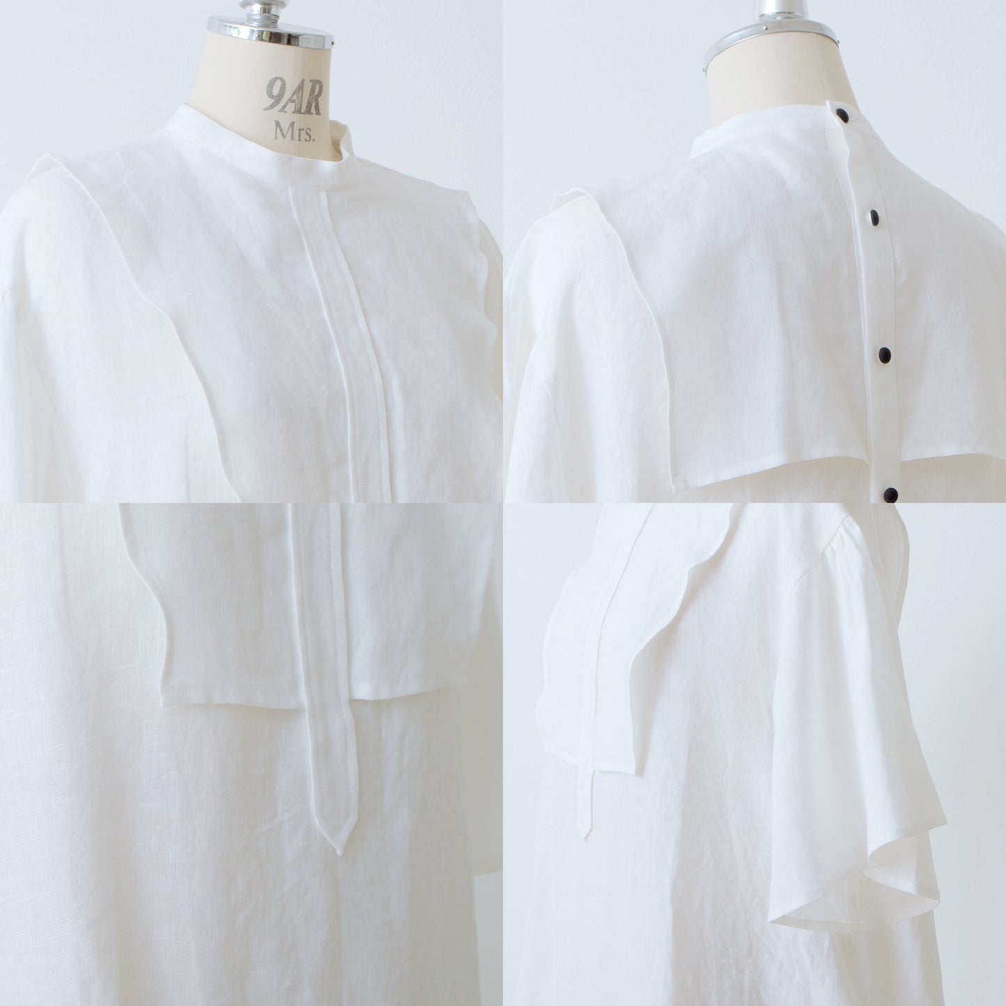 Yoke Layer Flare Half Sleeve Linen Dress/Off White