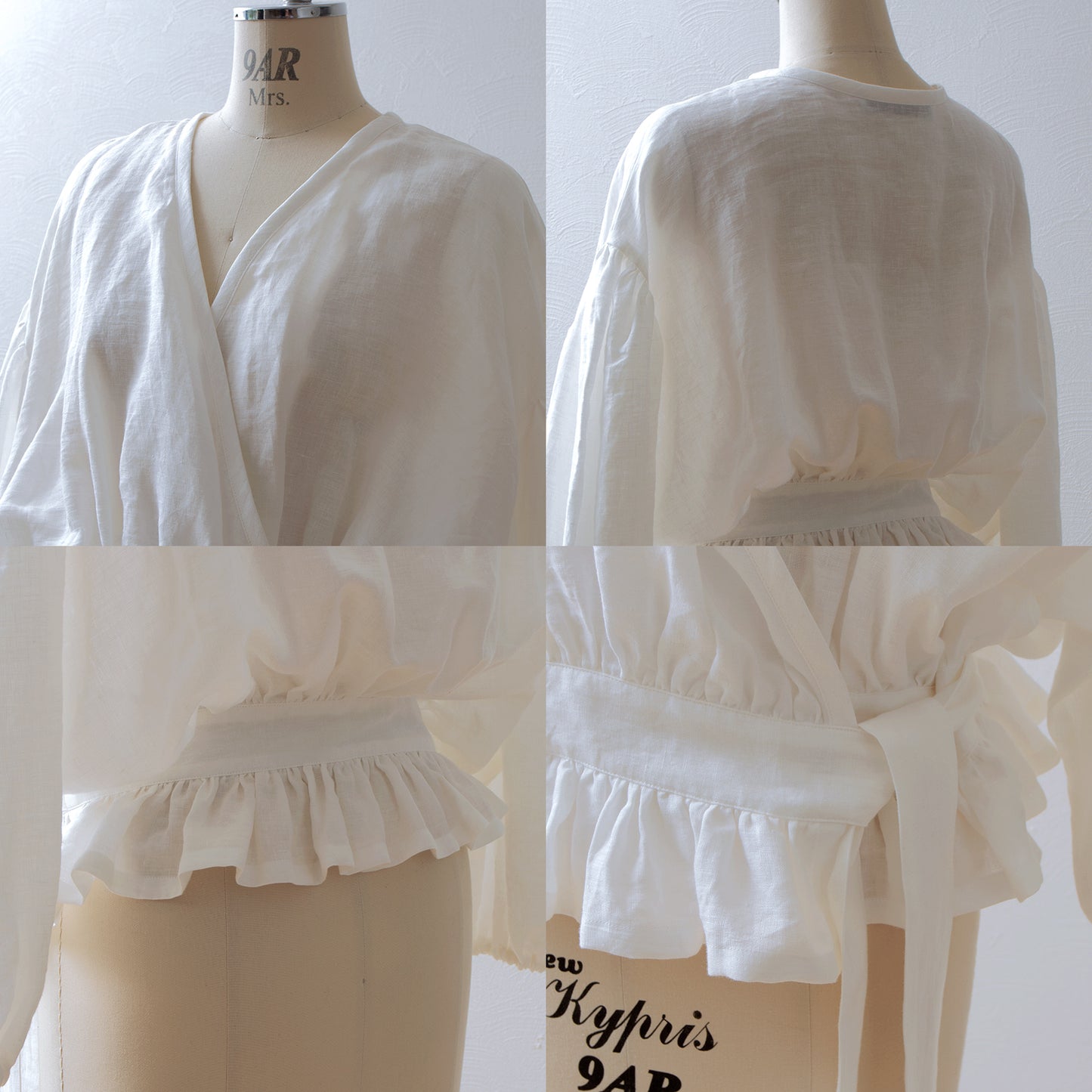 Cache-coeur 荷葉邊亞麻短上衣/米白色