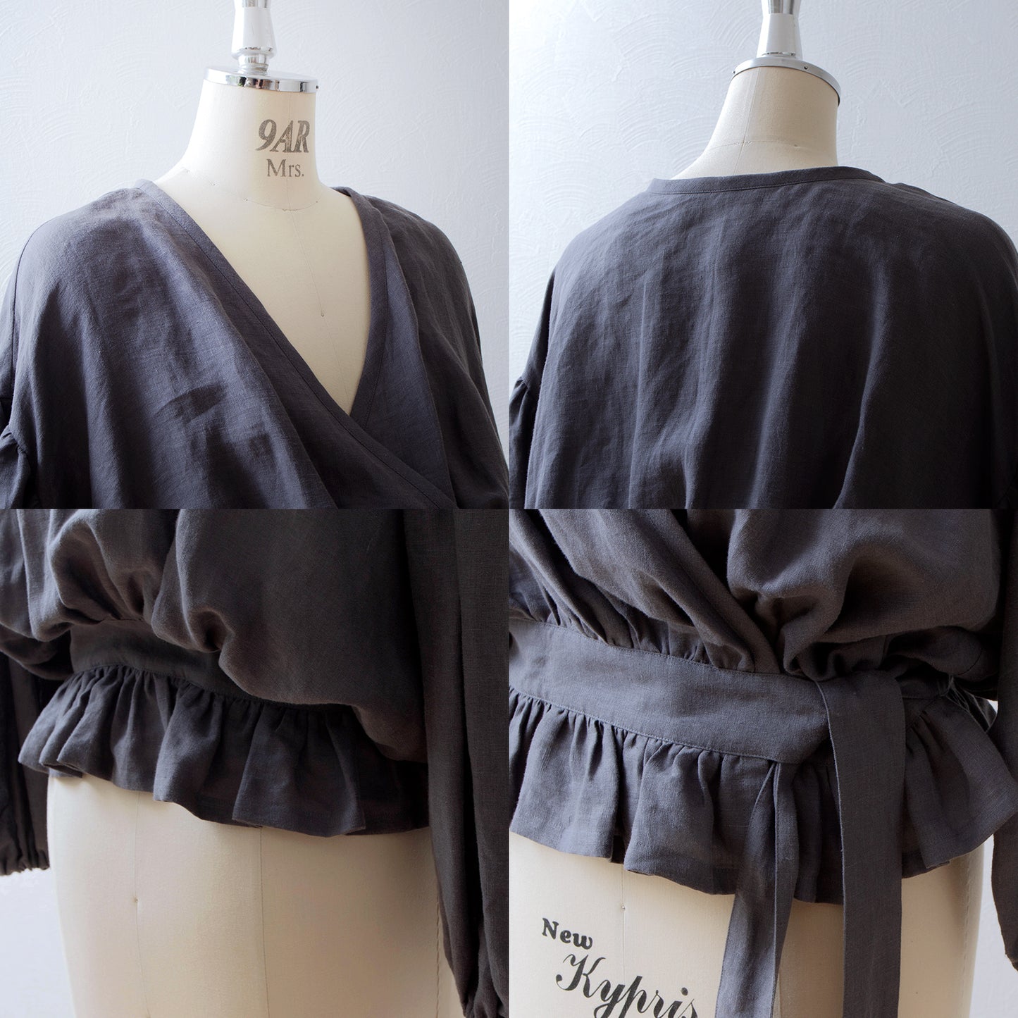 Cache-coeur 荷葉邊亞麻短上衣/灰色