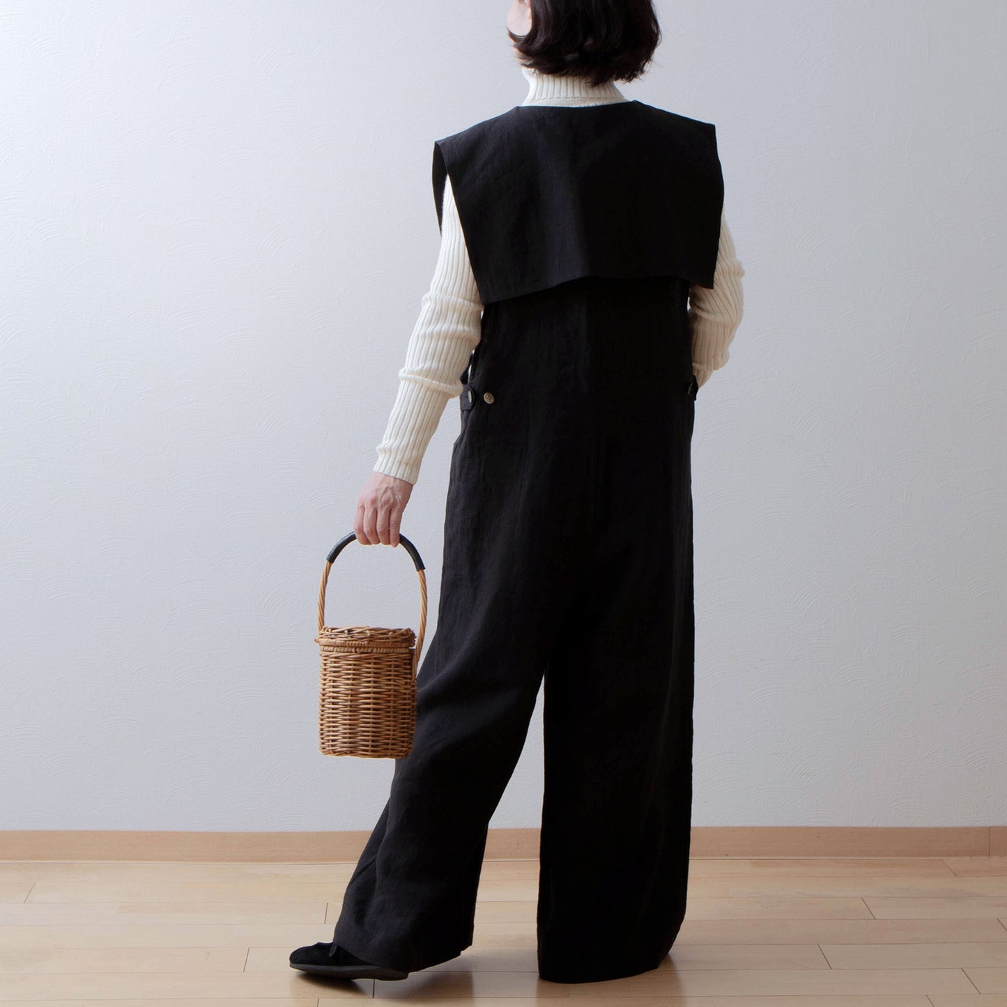 方領亞麻連身褲/黑色