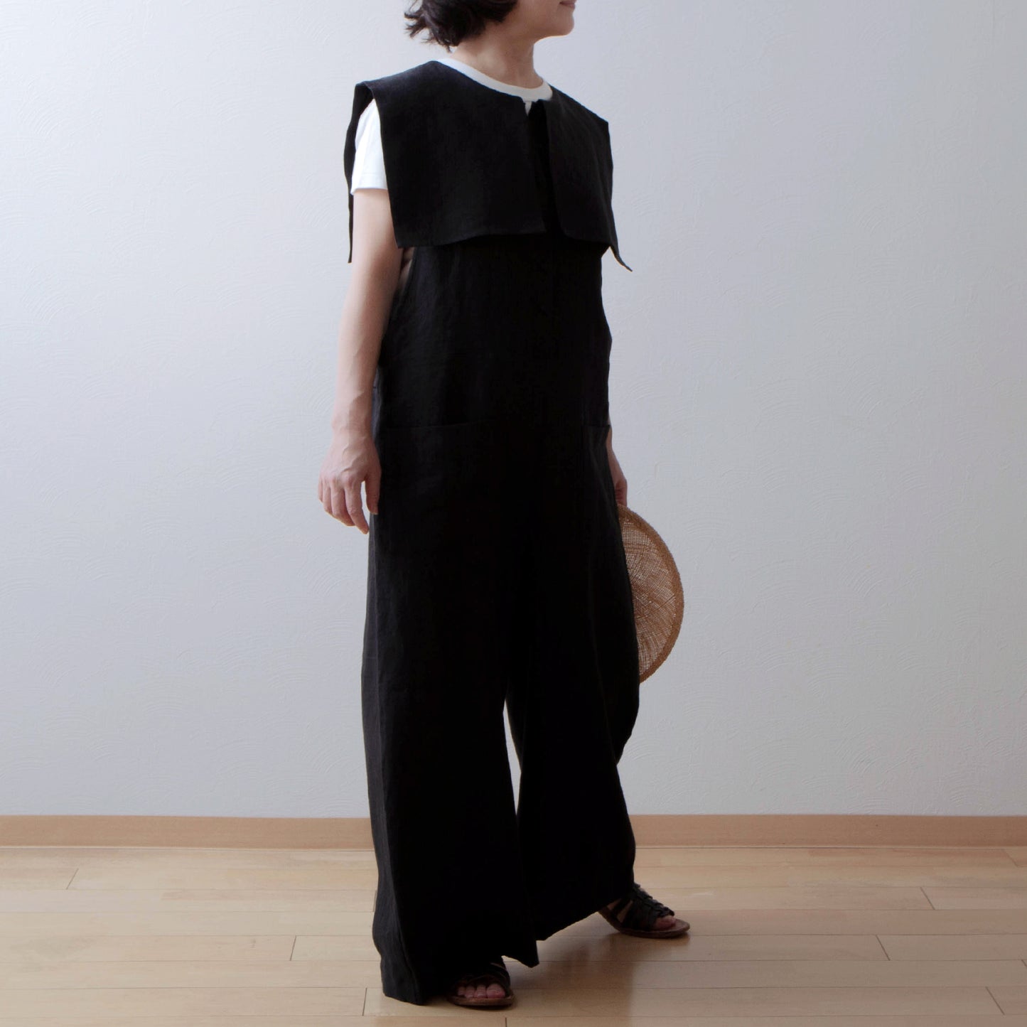 方領亞麻連身褲/黑色