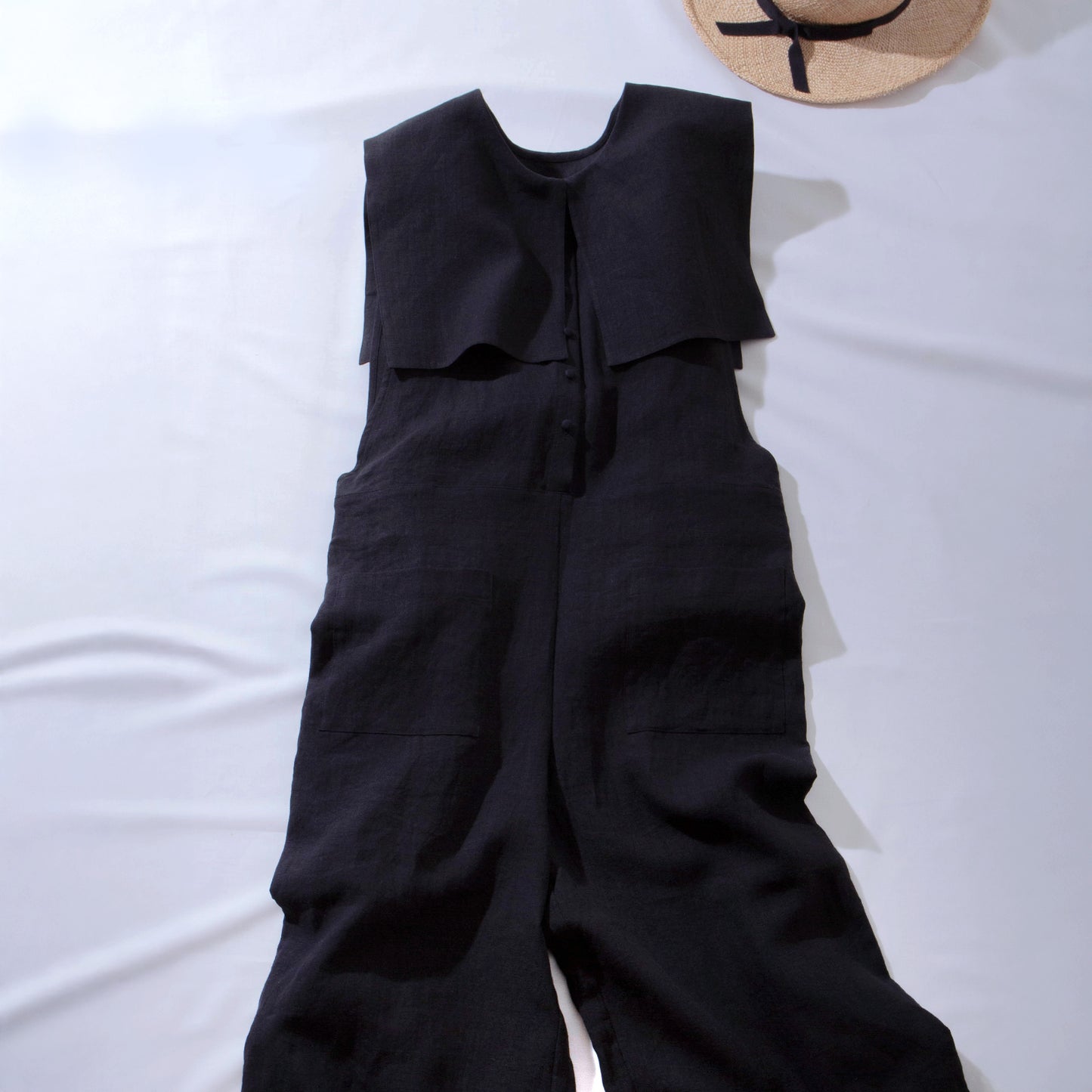 方領亞麻連身褲/黑色