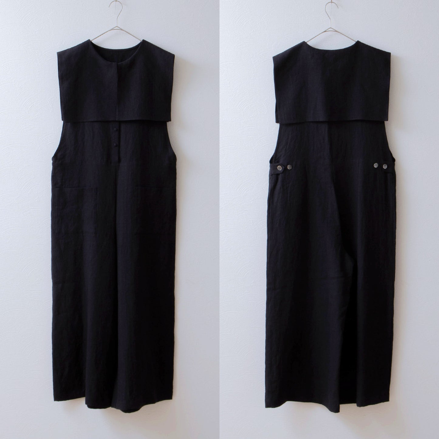 方領亞麻連身褲/黑色