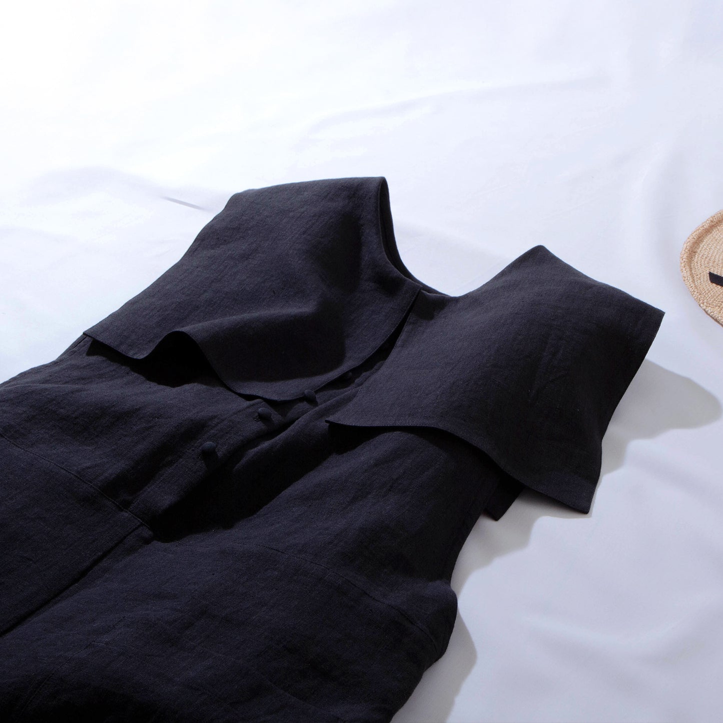 方領亞麻連身褲/黑色