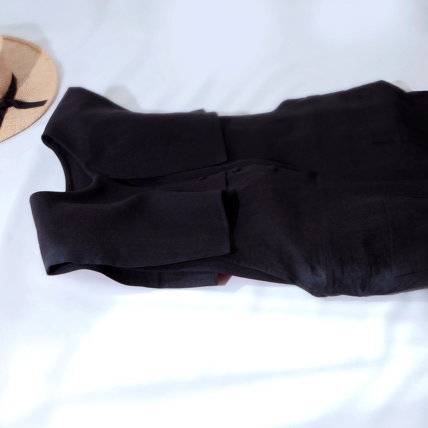 方領亞麻連身褲/黑色