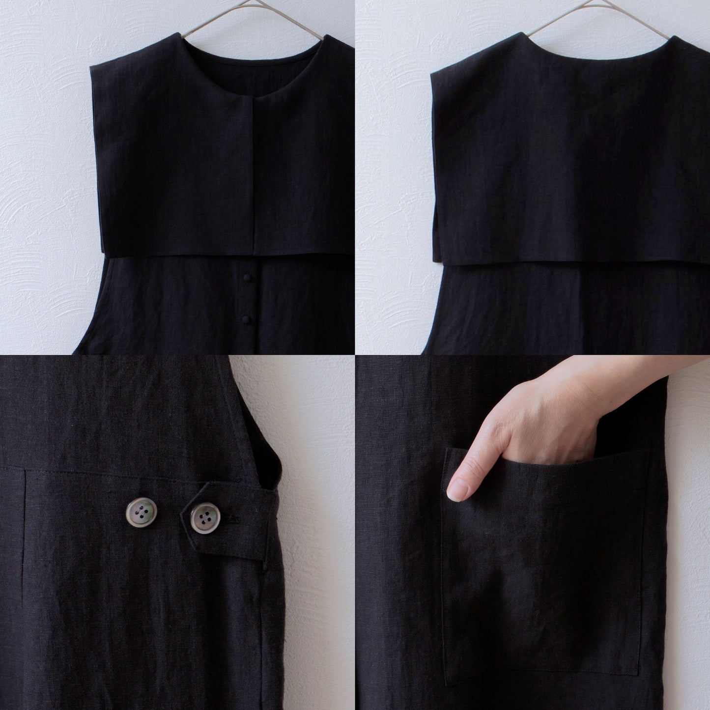 方領亞麻連身褲/黑色