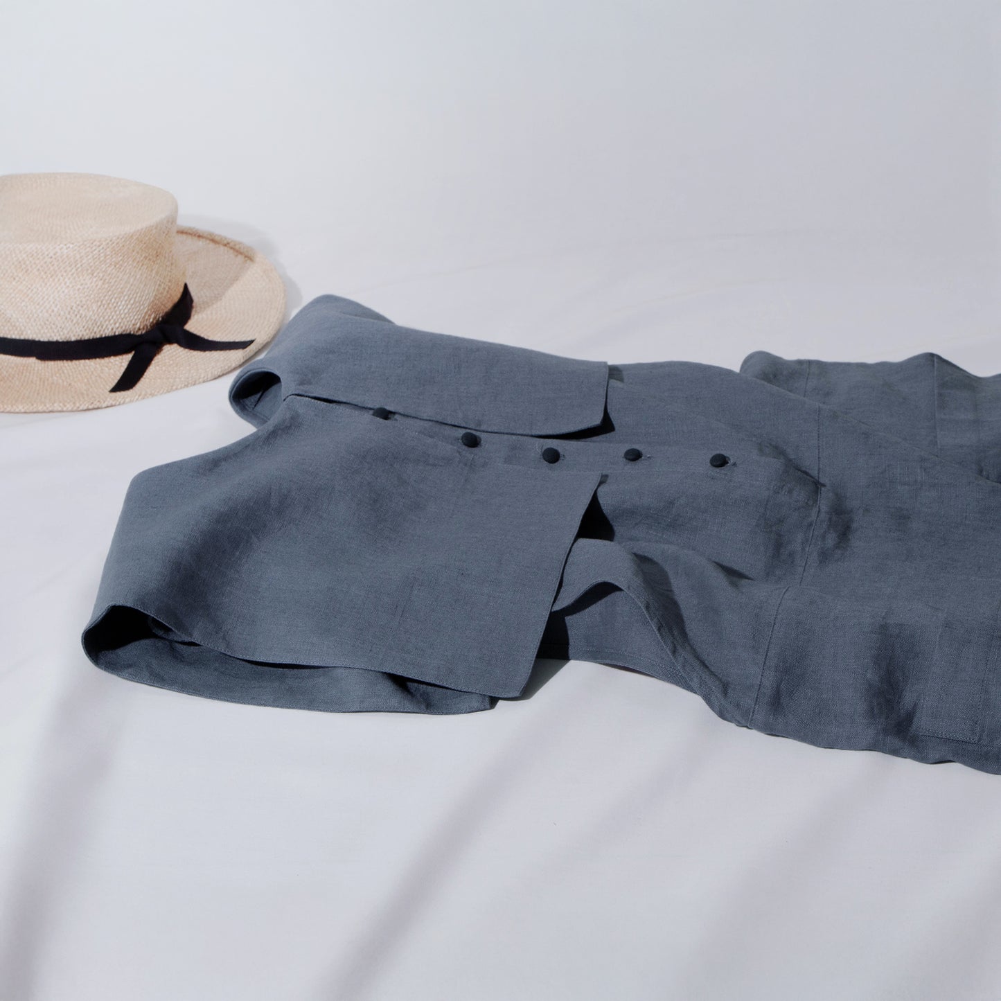 方領亞麻連身褲/黑色