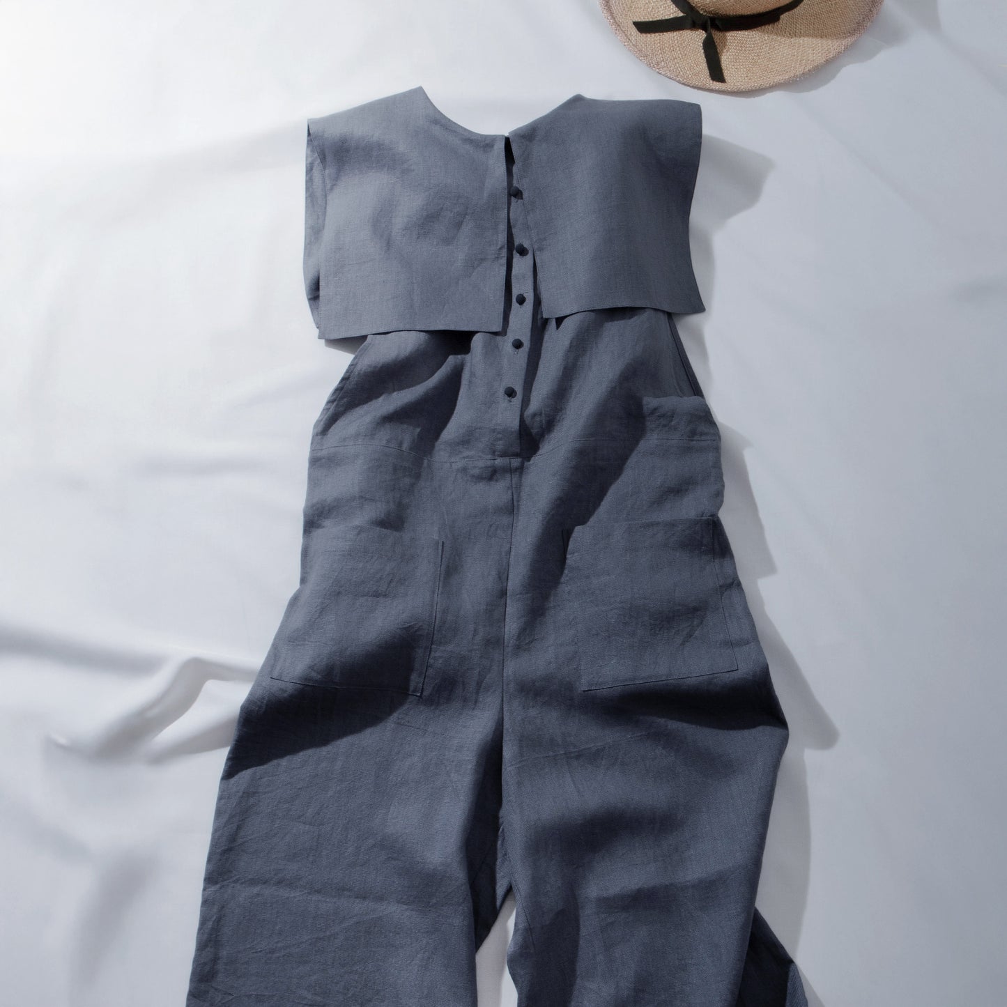 方領亞麻連身褲/黑色