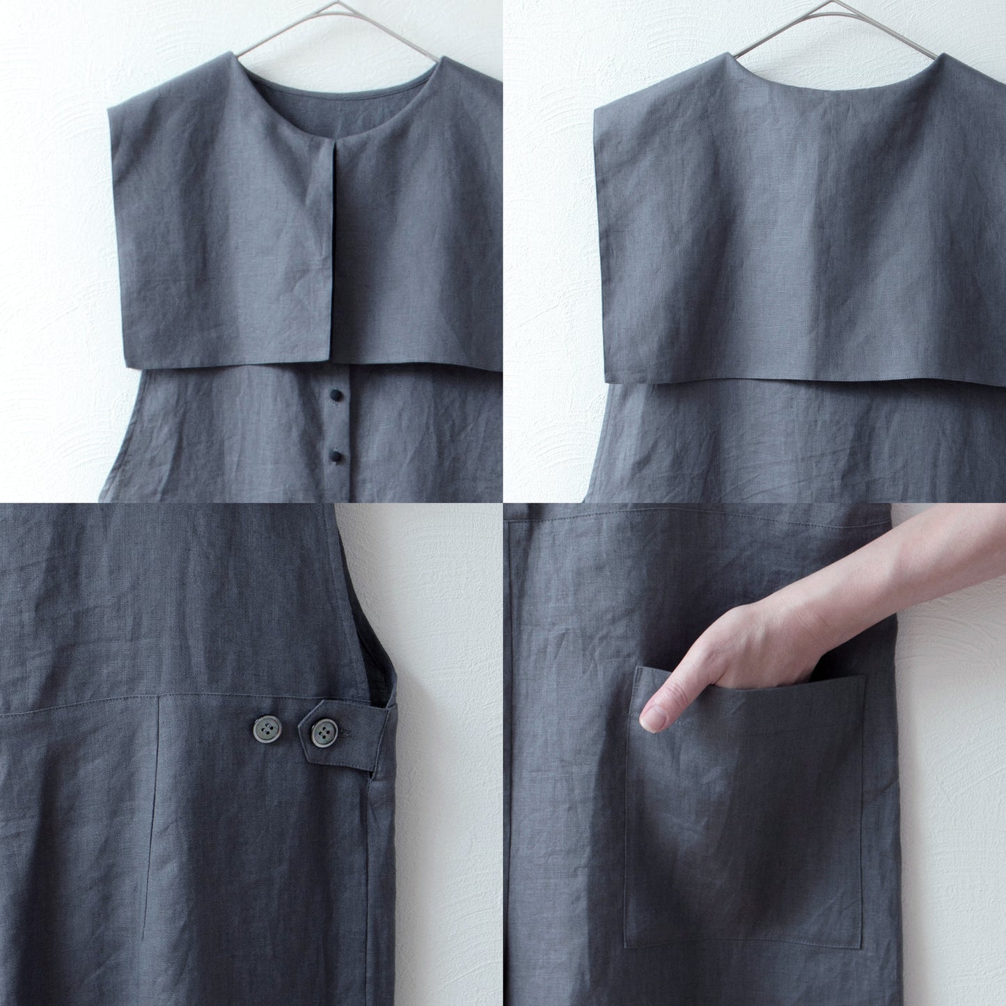 方領亞麻連身褲/黑色