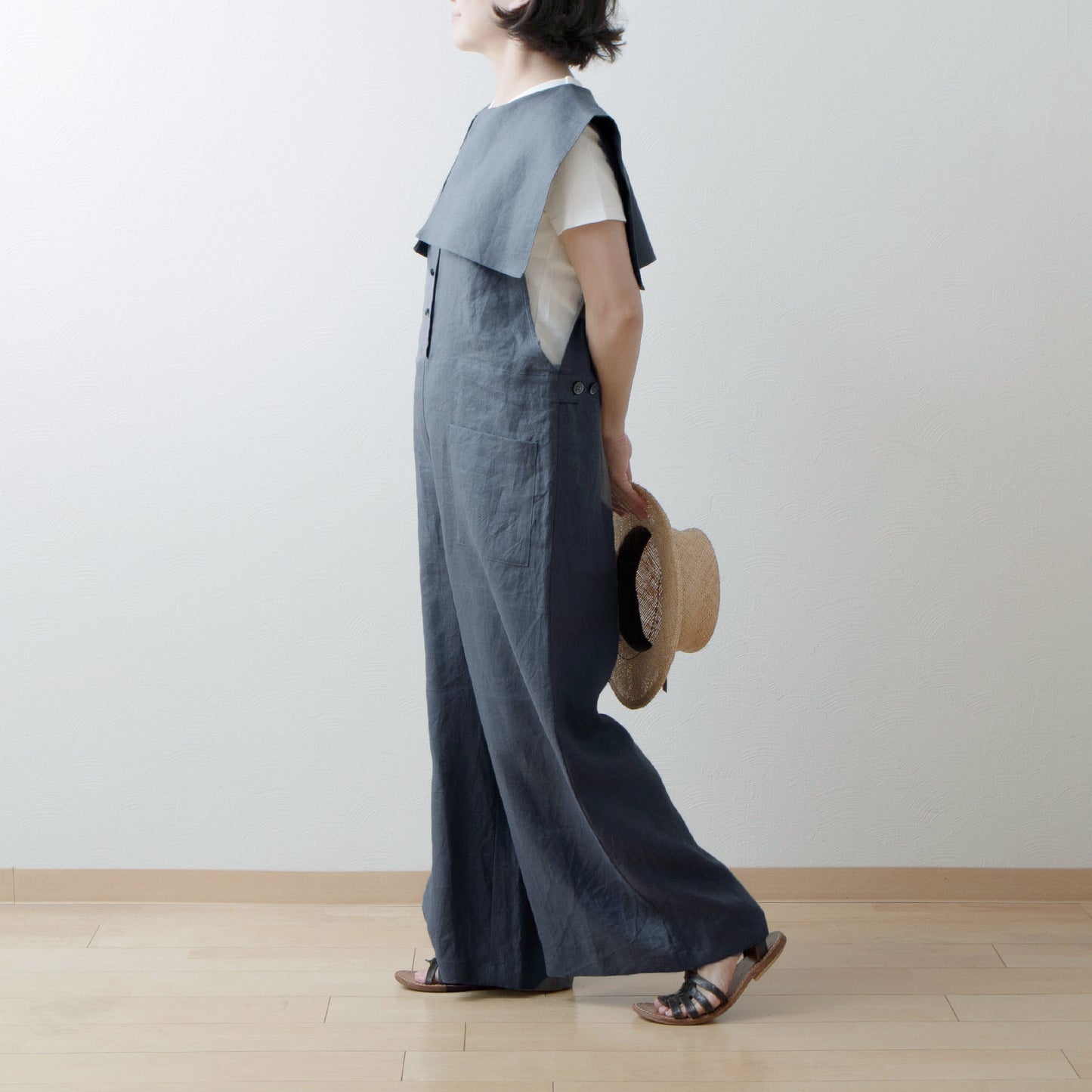 方領亞麻連身褲/黑色