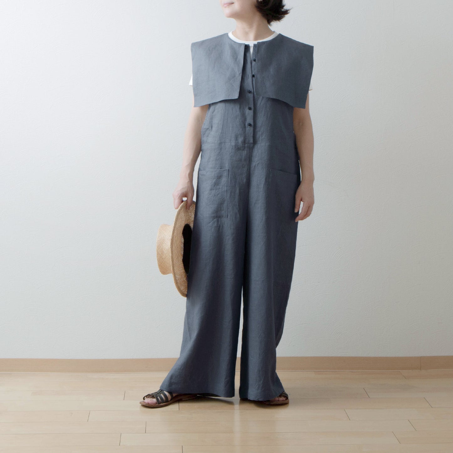 方領亞麻連身褲/黑色