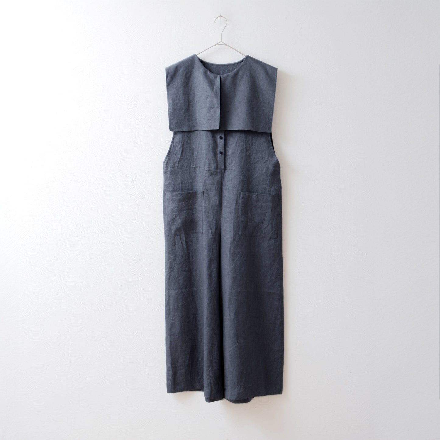 方領亞麻連身褲/黑色