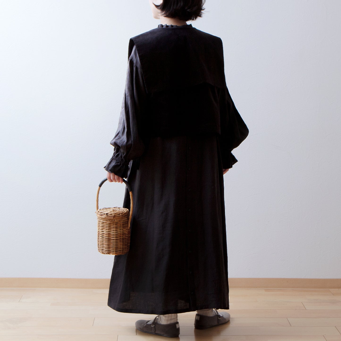 方領羊毛人字紋背心/炭灰色