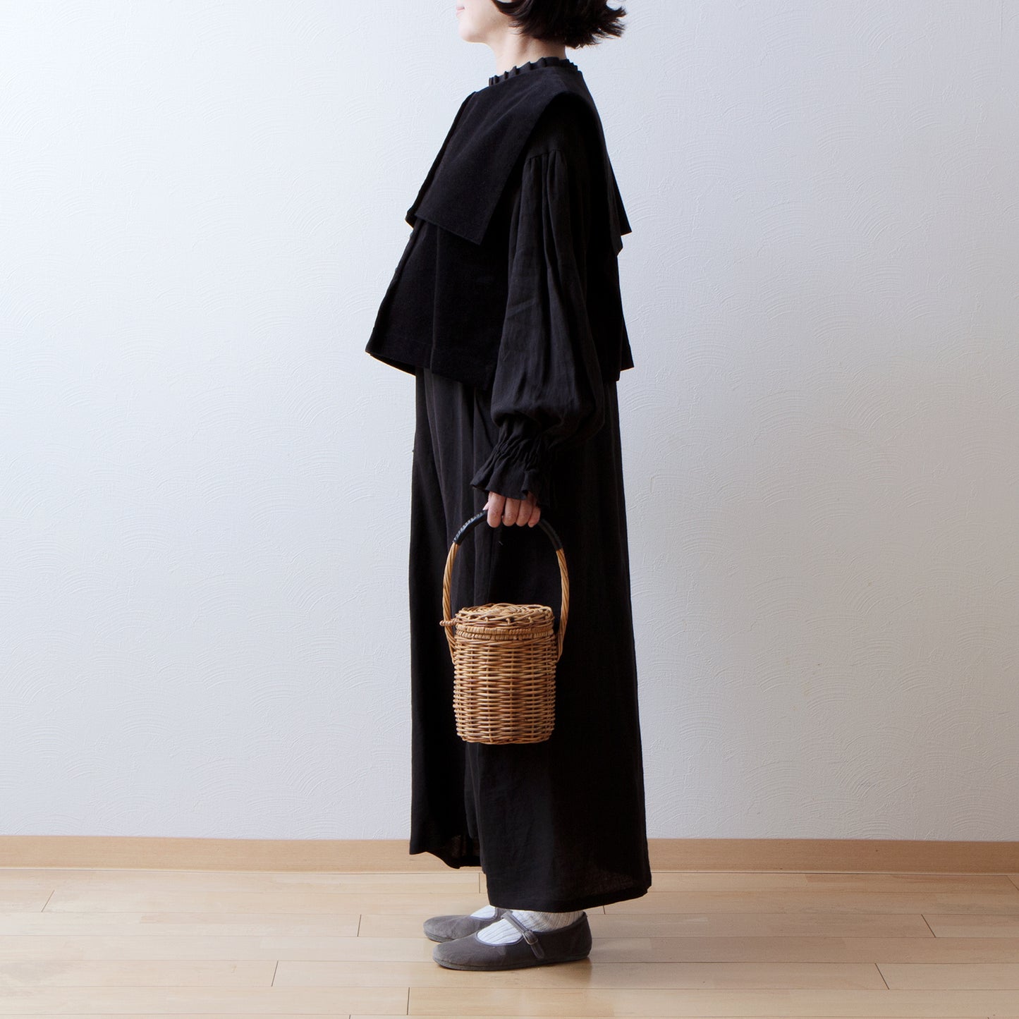 方領羊毛人字紋背心/炭灰色