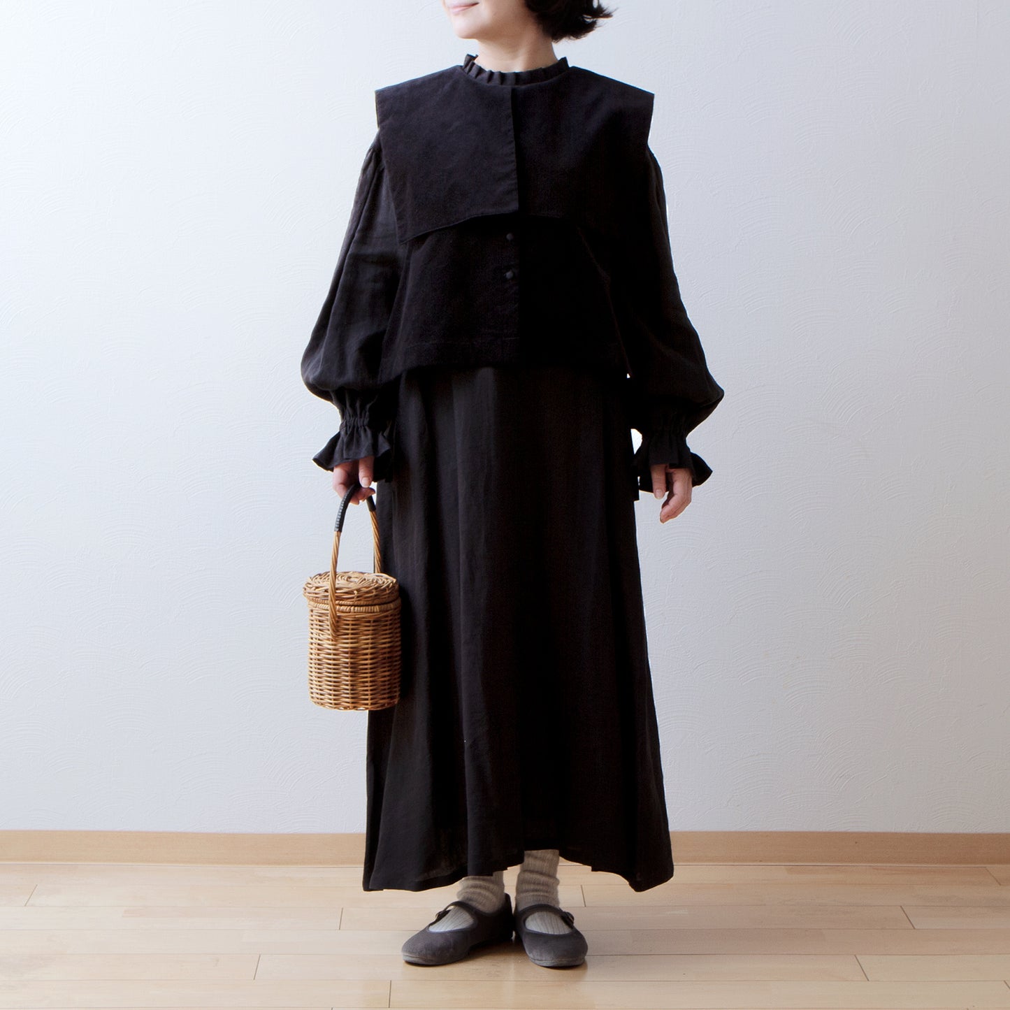 方領羊毛人字紋背心/炭灰色