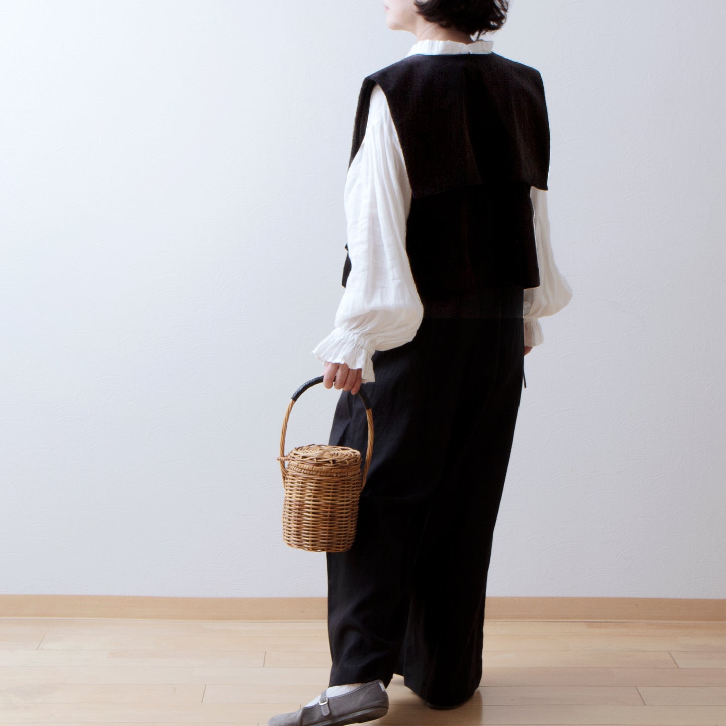 方領羊毛人字紋背心/炭灰色