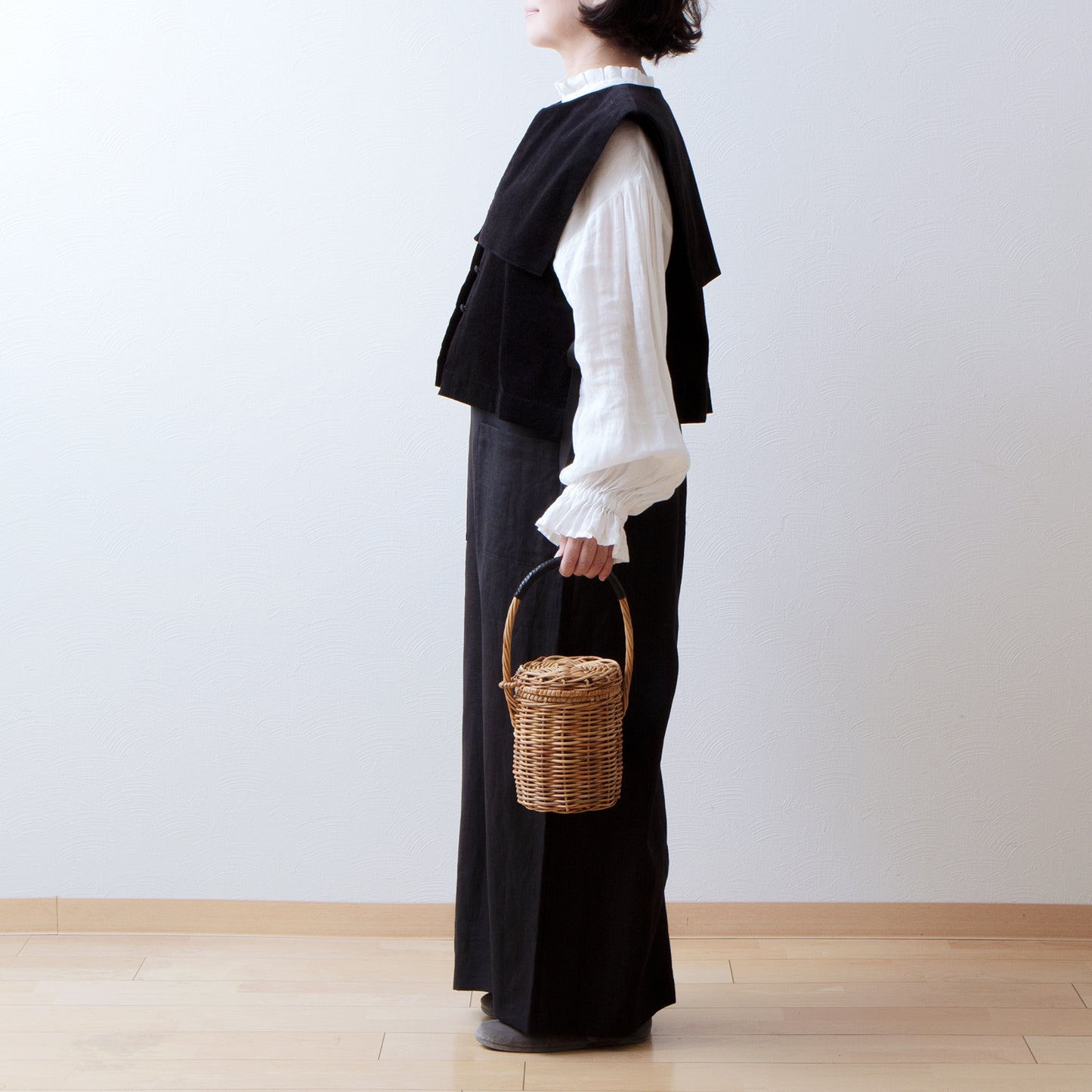 方領羊毛人字紋背心/炭灰色