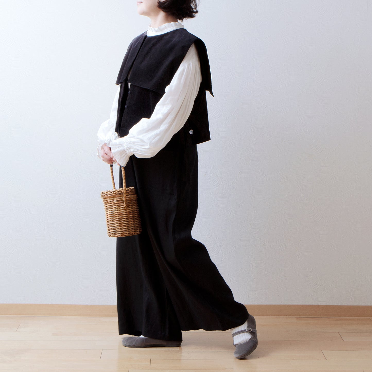 方領羊毛人字紋背心/炭灰色