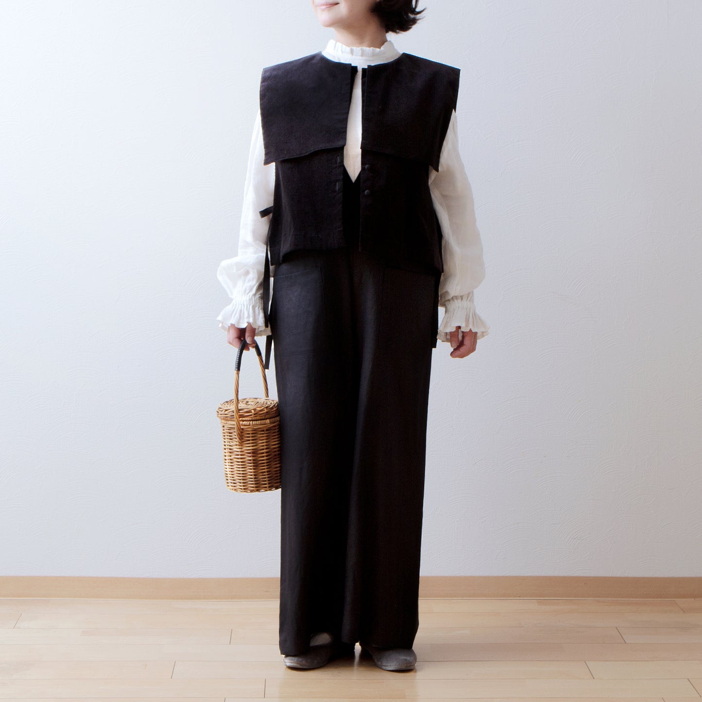 方領羊毛人字紋背心/炭灰色