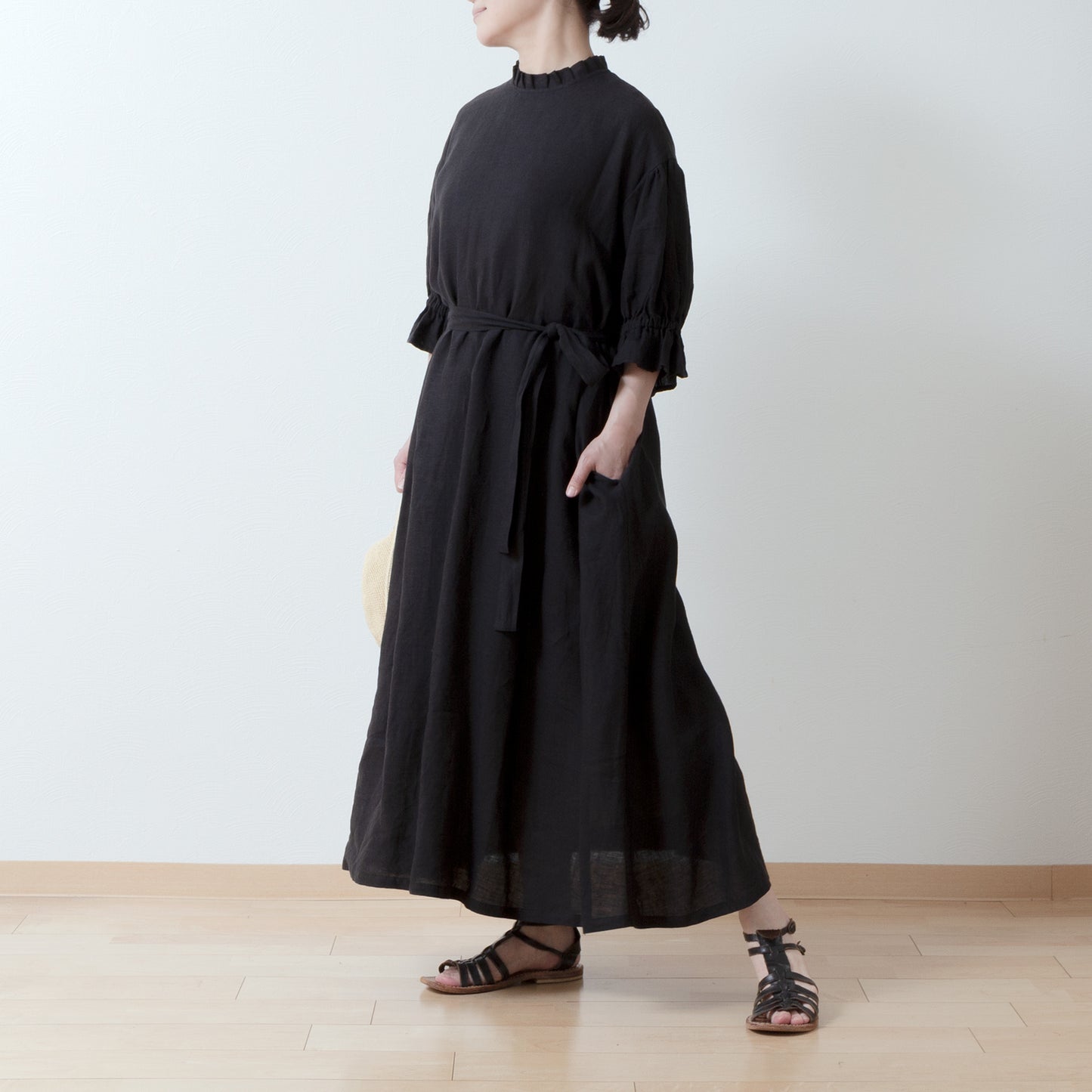Elegant tuck frill collar *Perfect for ceremonies* Back covered button gathered sleeve A-line linen dress 5/8 sleeve/black