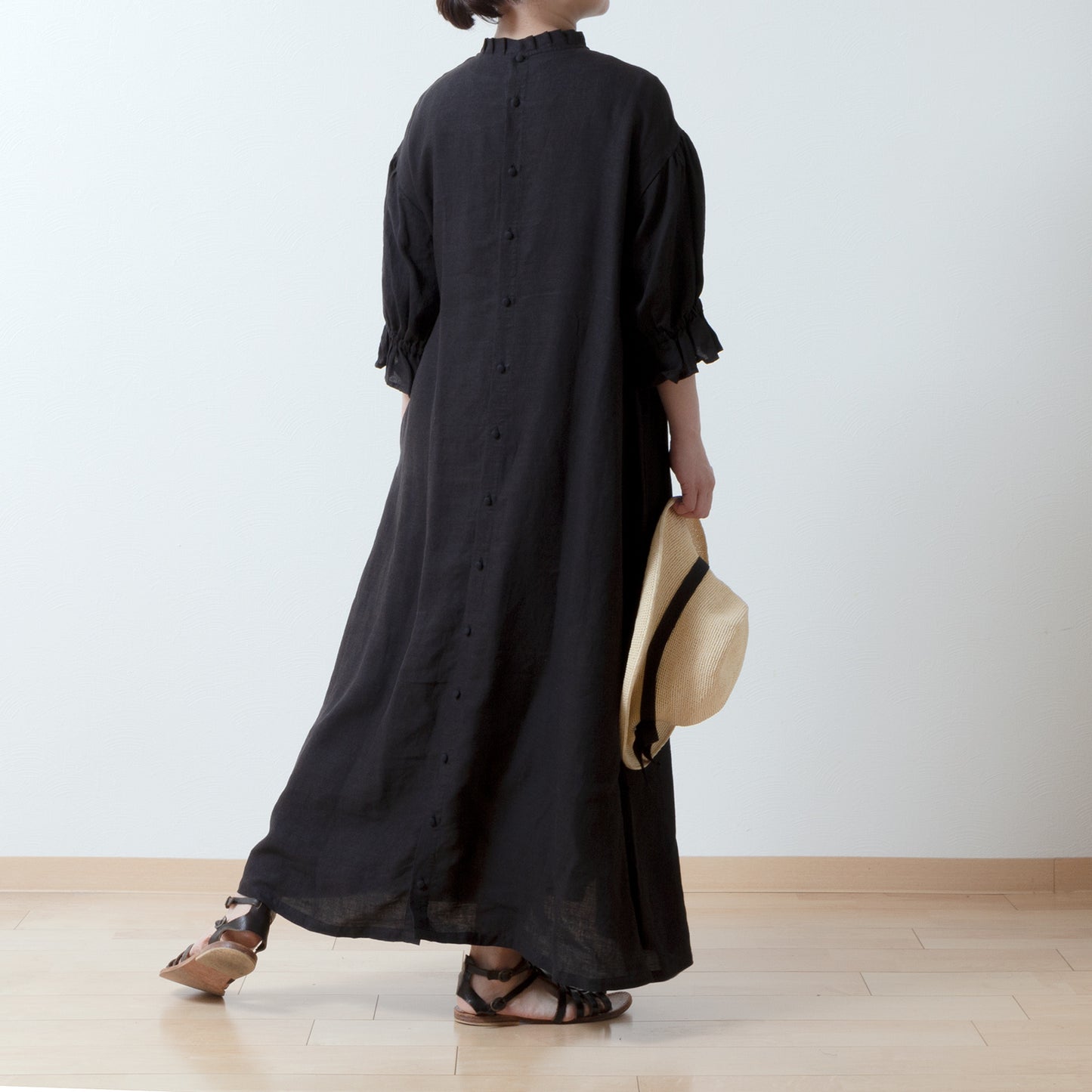 Elegant tuck frill collar *Perfect for ceremonies* Back covered button gathered sleeve A-line linen dress 5/8 sleeve/black