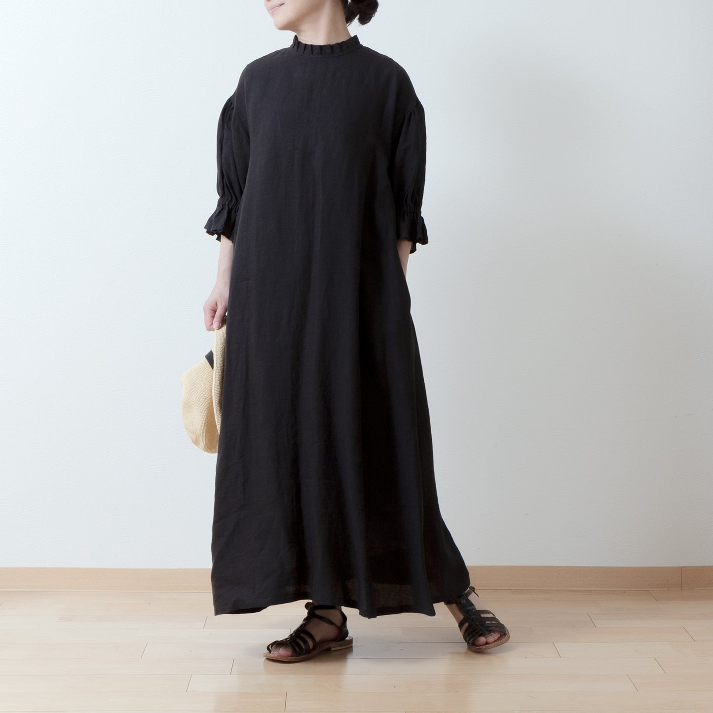 Elegant tuck frill collar *Perfect for ceremonies* Back covered button gathered sleeve A-line linen dress 5/8 sleeve/black