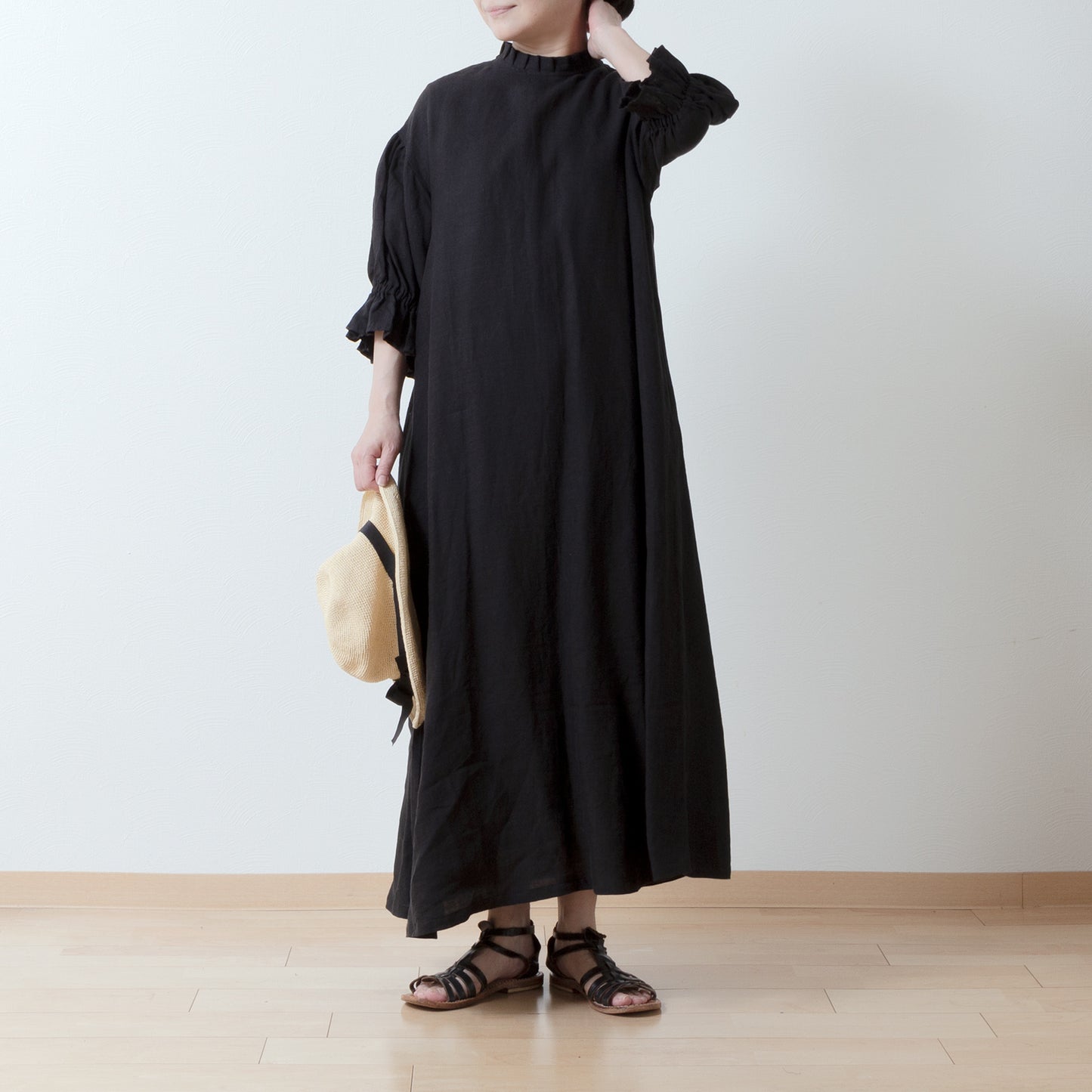 Elegant tuck frill collar *Perfect for ceremonies* Back covered button gathered sleeve A-line linen dress 5/8 sleeve/black
