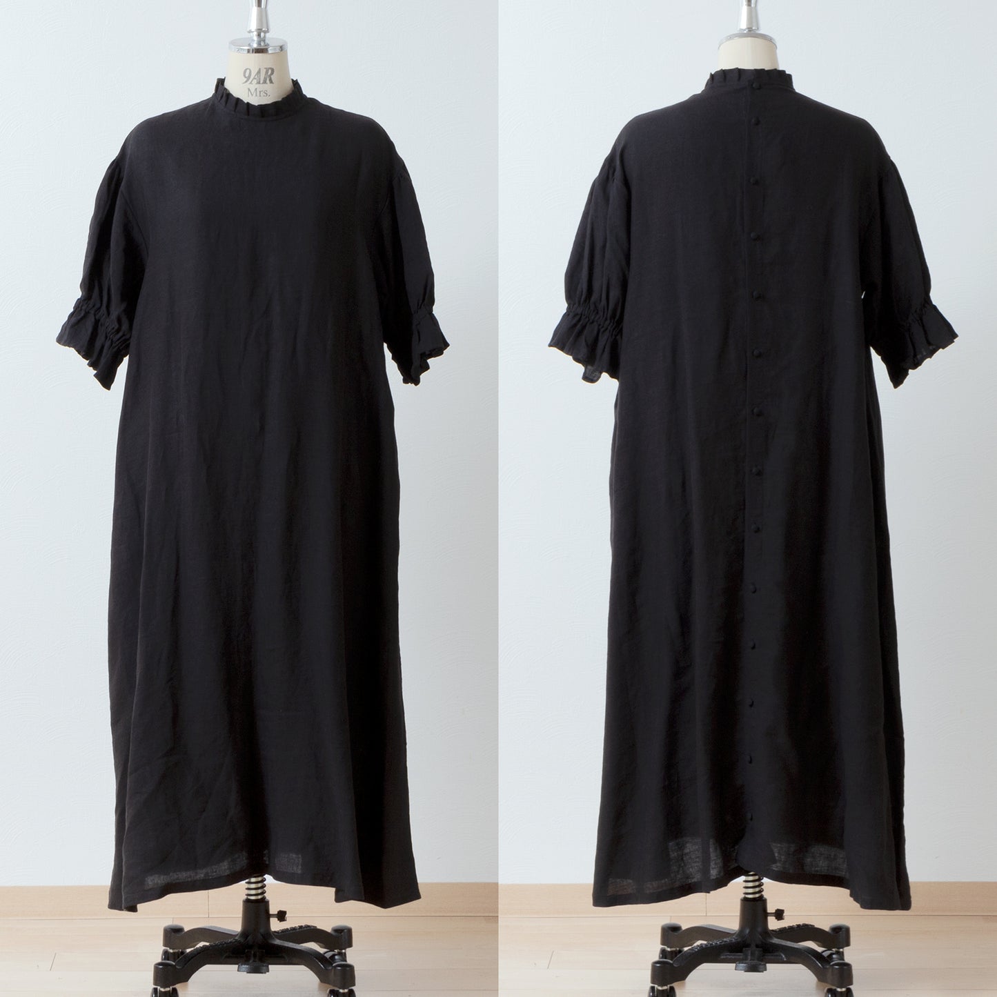 Elegant tuck frill collar *Perfect for ceremonies* Back covered button gathered sleeve A-line linen dress 5/8 sleeve/black