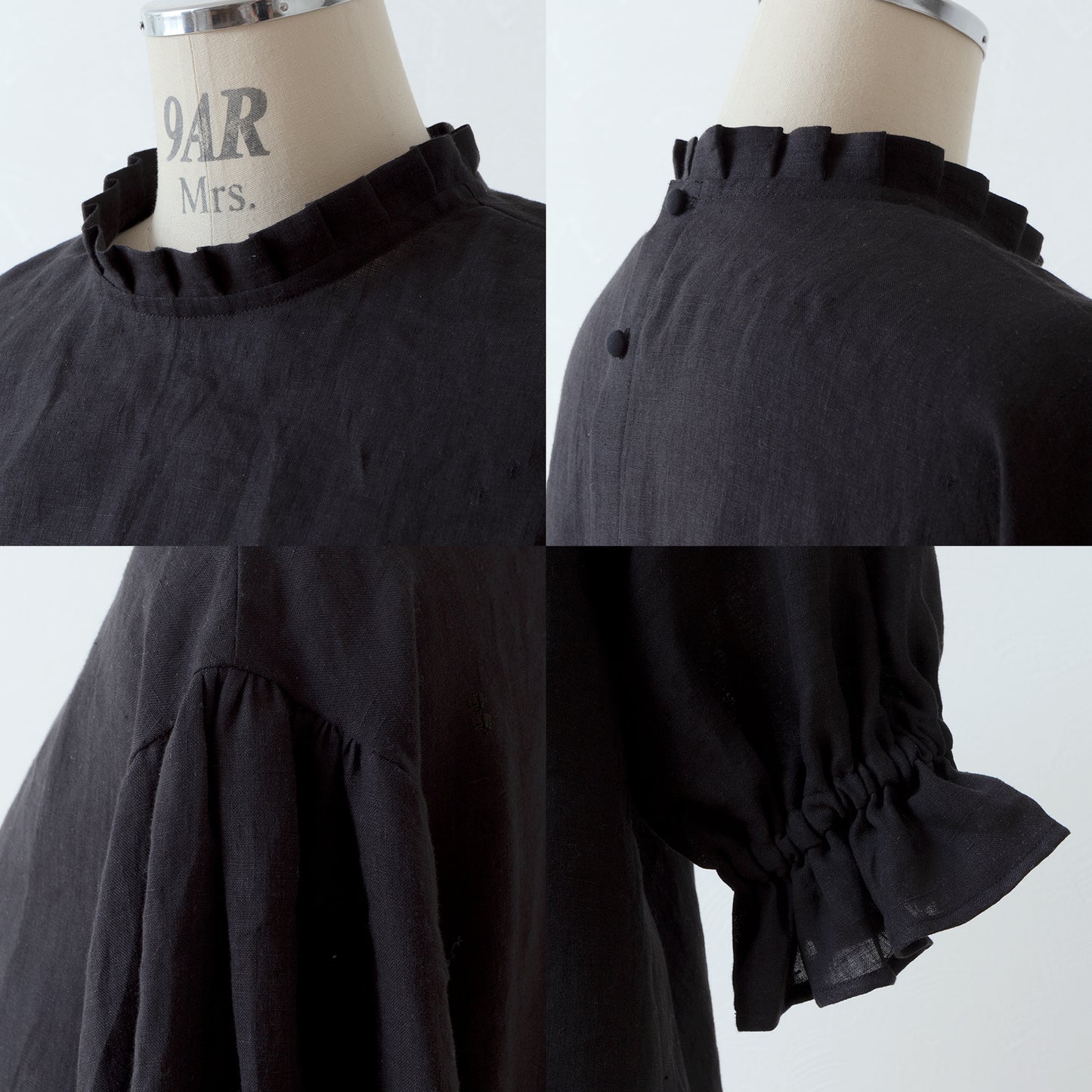 Elegant tuck frill collar *Perfect for ceremonies* Back covered button gathered sleeve A-line linen dress 5/8 sleeve/black