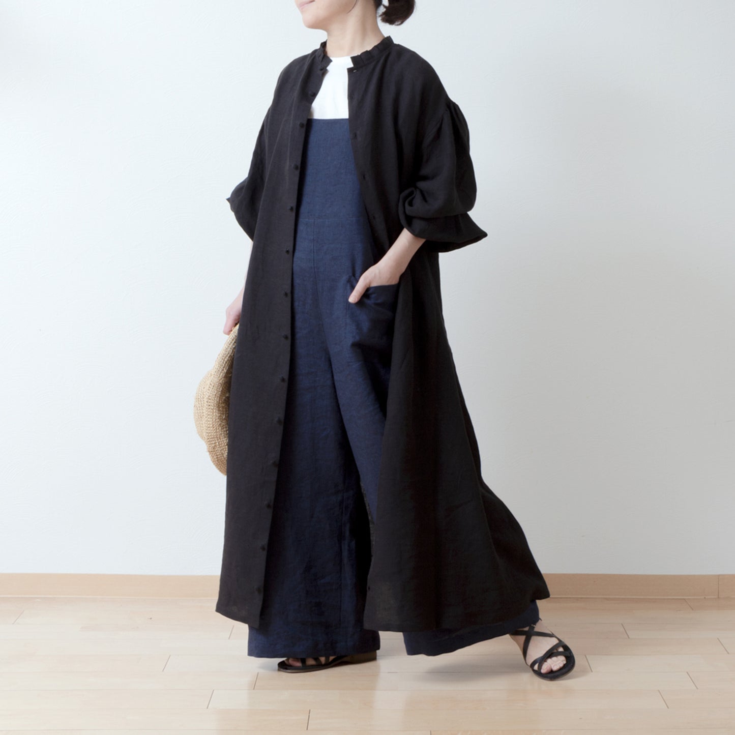 成人寬鬆可愛工裝褲 - 亞麻/海軍藍錢布雷