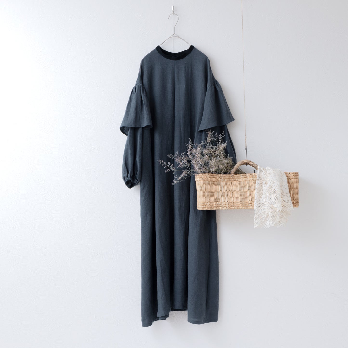 雙袖A字亞麻連身裙/灰色