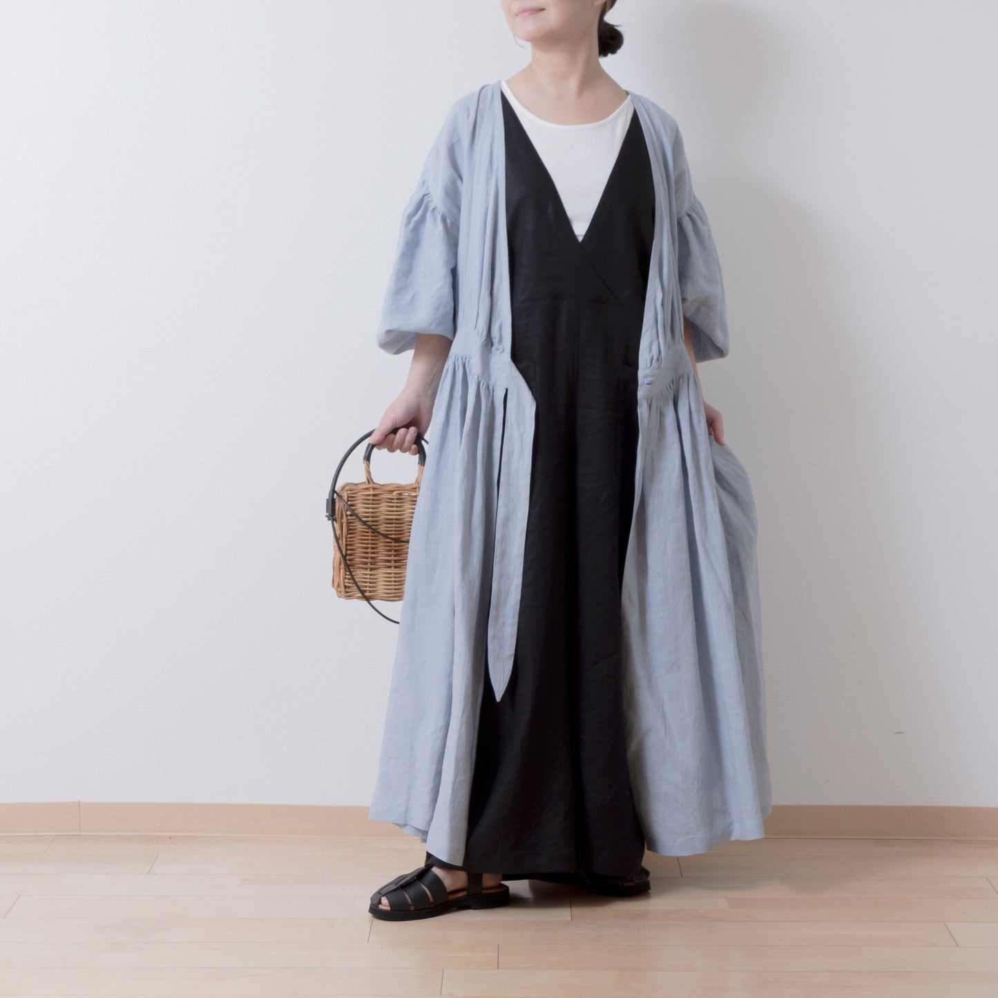 Cache-Coeur 褶皺兩用洋裝 - 法國亞麻/淡藍色