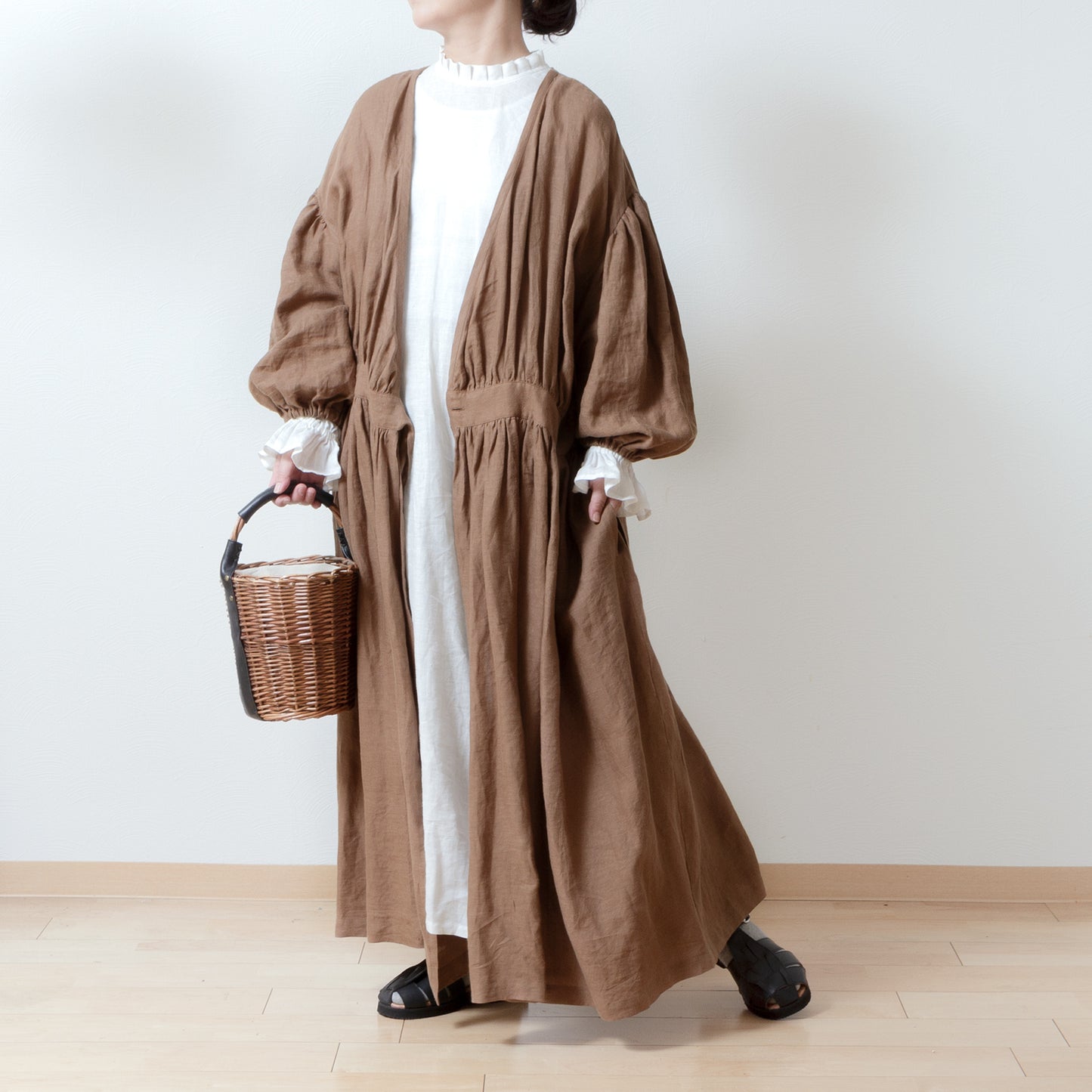 Cache-Coeur 褶皺兩用洋裝 - 法國亞麻/駝色
