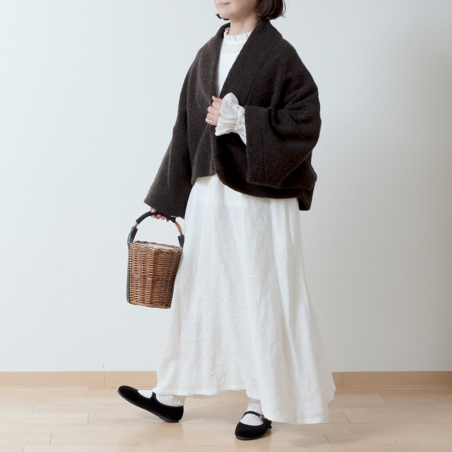 優質羊毛圍巾披肩開襟衫/深棕色