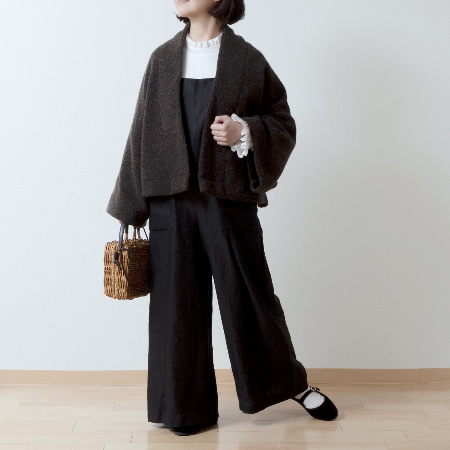 優質羊毛圍巾披肩開襟衫/深棕色