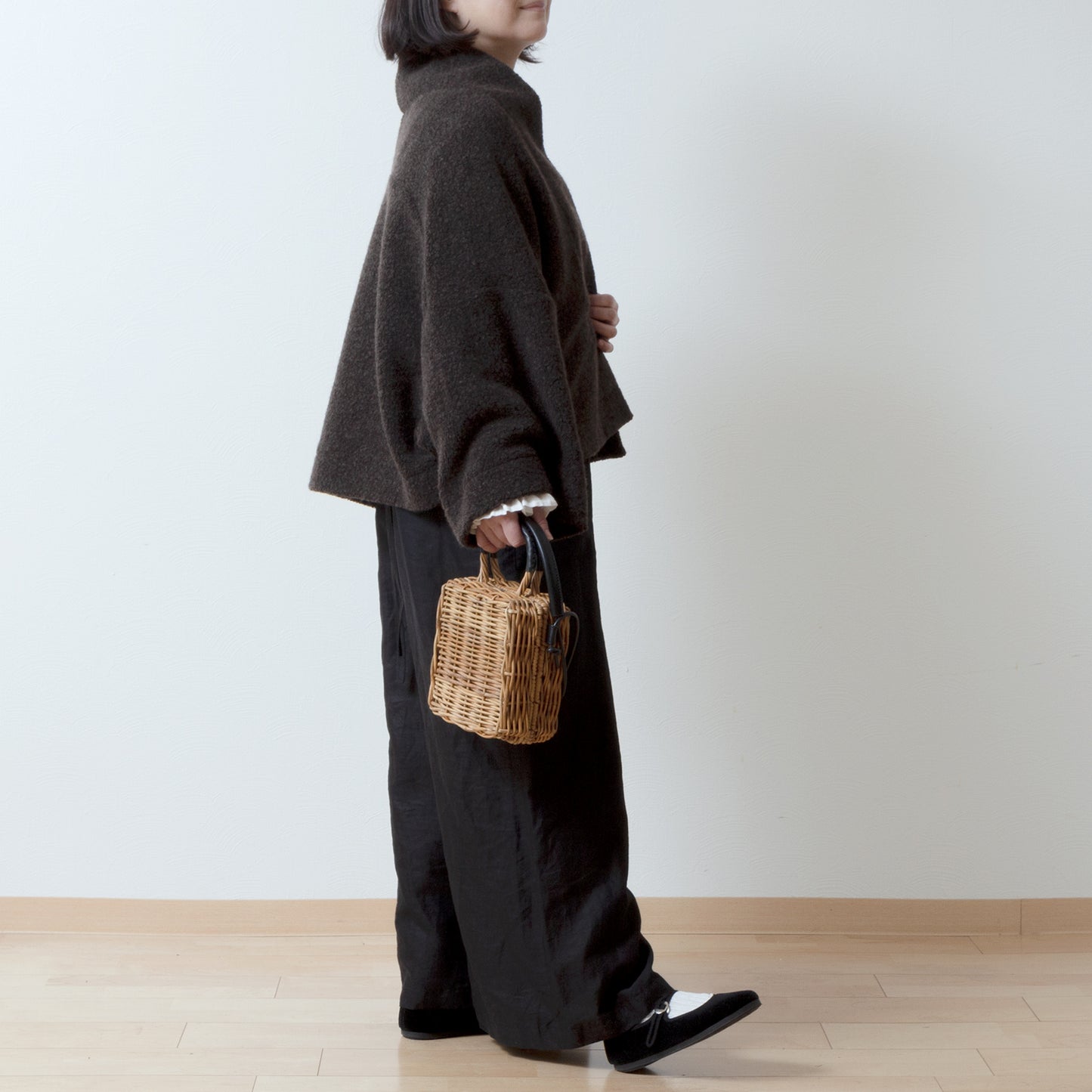 優質羊毛圍巾披肩開襟衫/深棕色