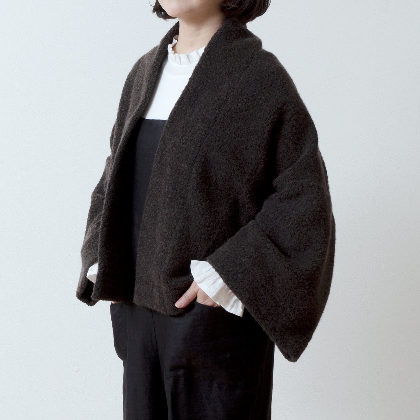 優質羊毛圍巾披肩開襟衫/深棕色