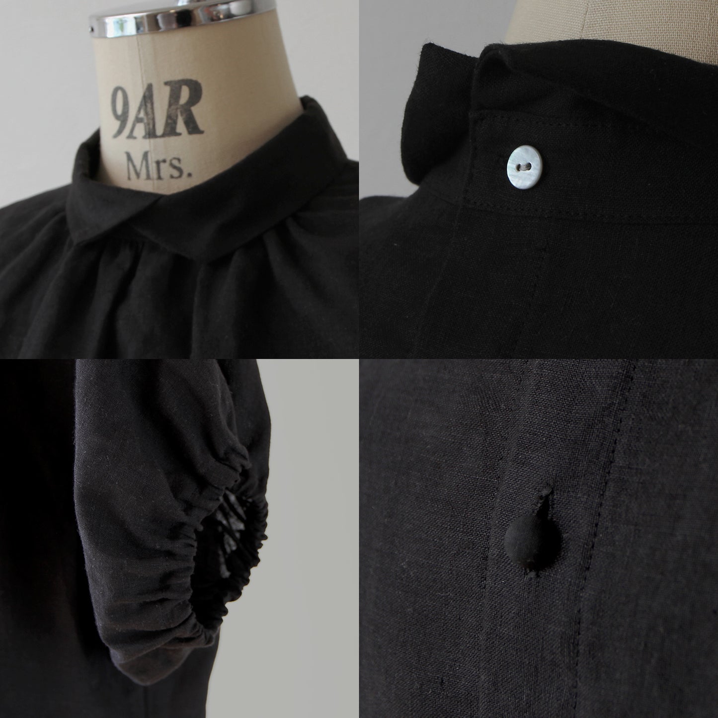 A sophisticated and cute clerical collar with back covered buttons and voluminous sleeves. French linen blouse with half-length sleeves/black